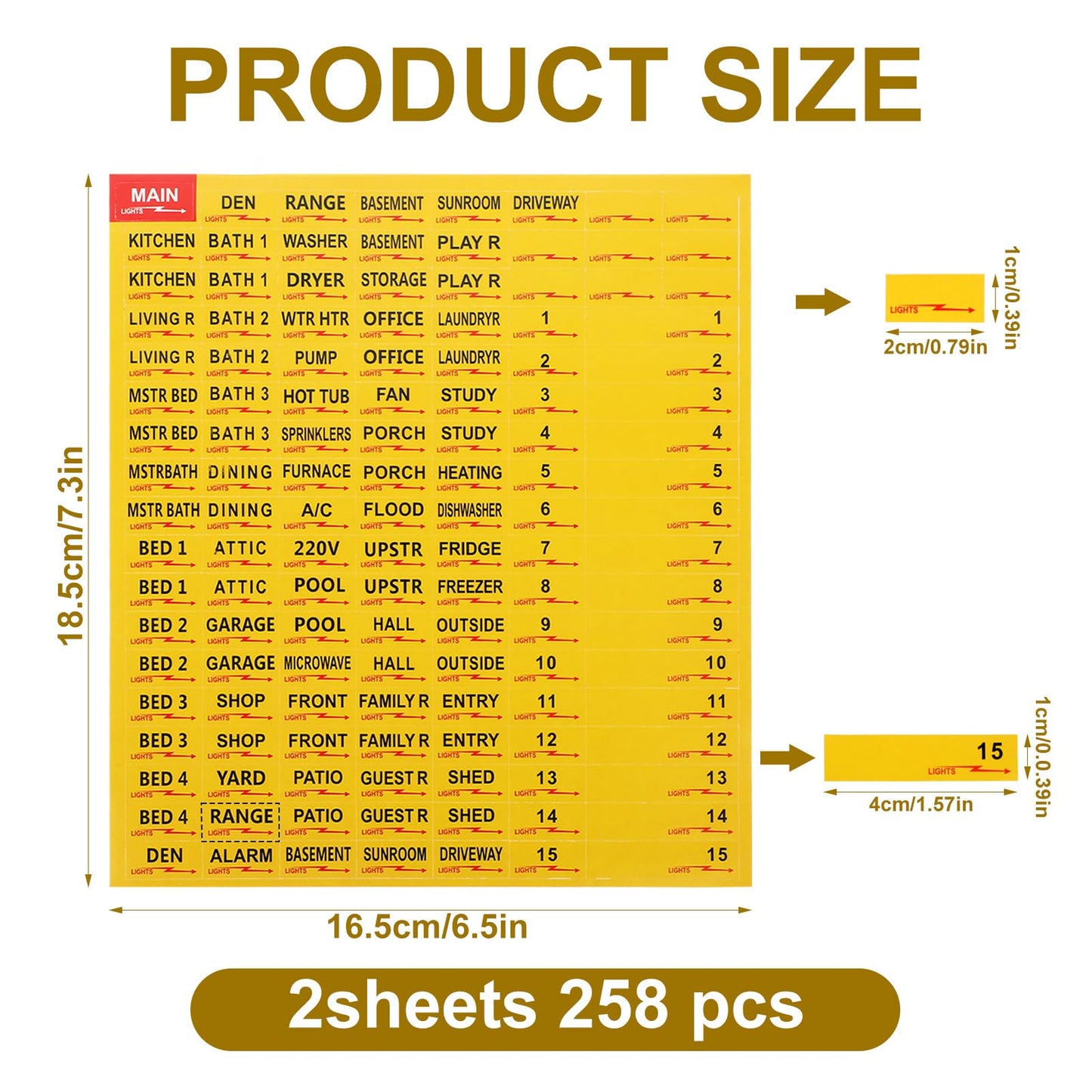 2 Sheets/258Pcs Circuit Breaker Labels, Self-Adhesive Electrical Panel Labels Waterproof Breaker Panel Stickers for Home Office Apartments and Electricians (Yellow) Yellow