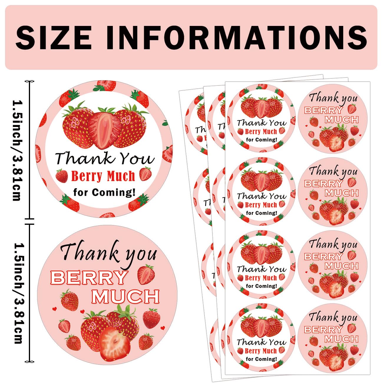 Strawberry Thank You Berry Much for Coming Sticker 1.5 inch Sweet Strawberry Thank You for Celebrating with Us Gift Presents Labels for Birthday Party Favor120pcs (Pink, 1.5 inch) Pink