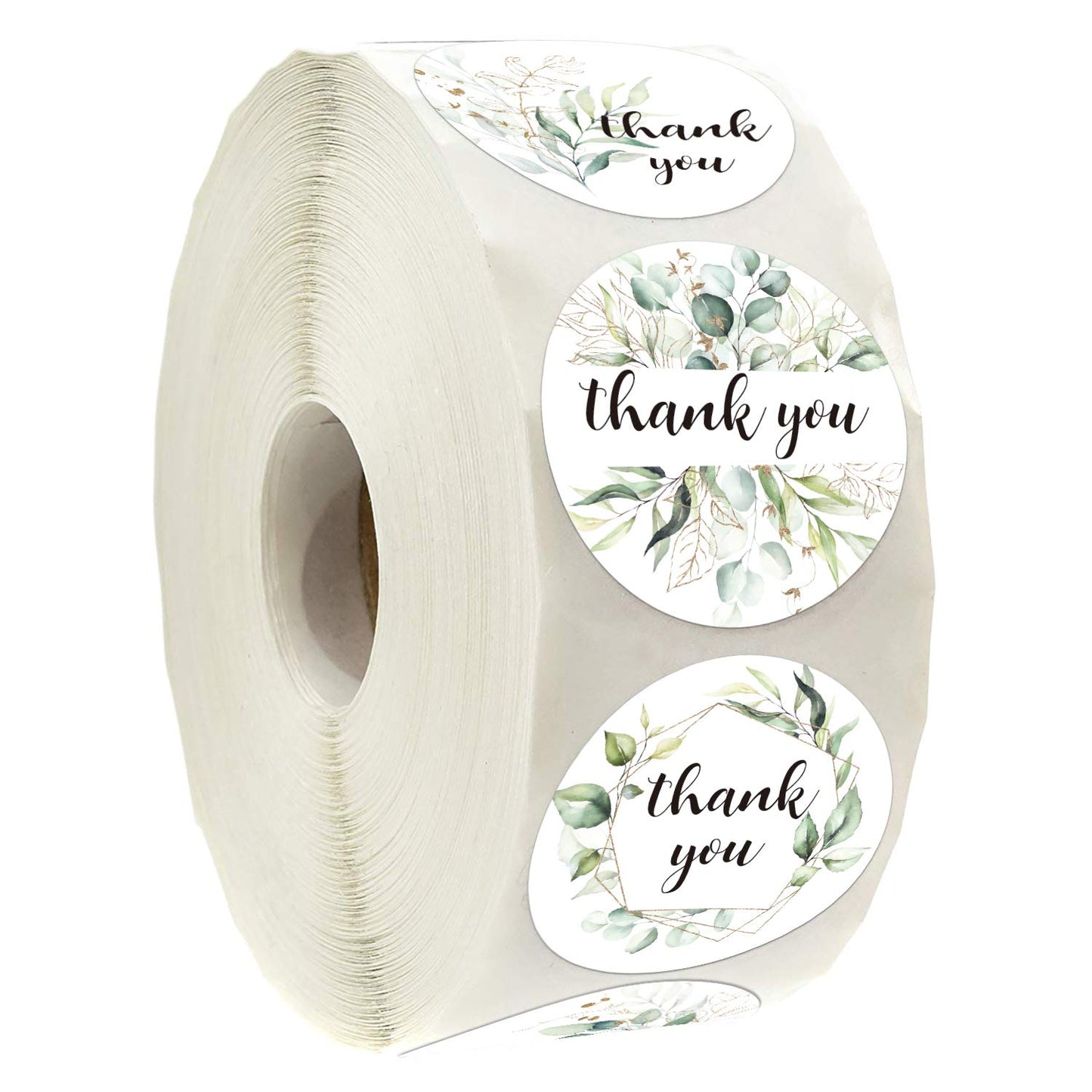 500 Greenery Thank You Label Stickers, Chic Golden Eucalyptus Leaves Wreath Thank You Stickers, 6 Different Designs, 1.4 Inches Round Thank You Stickers Roll, Wedding Favors.
