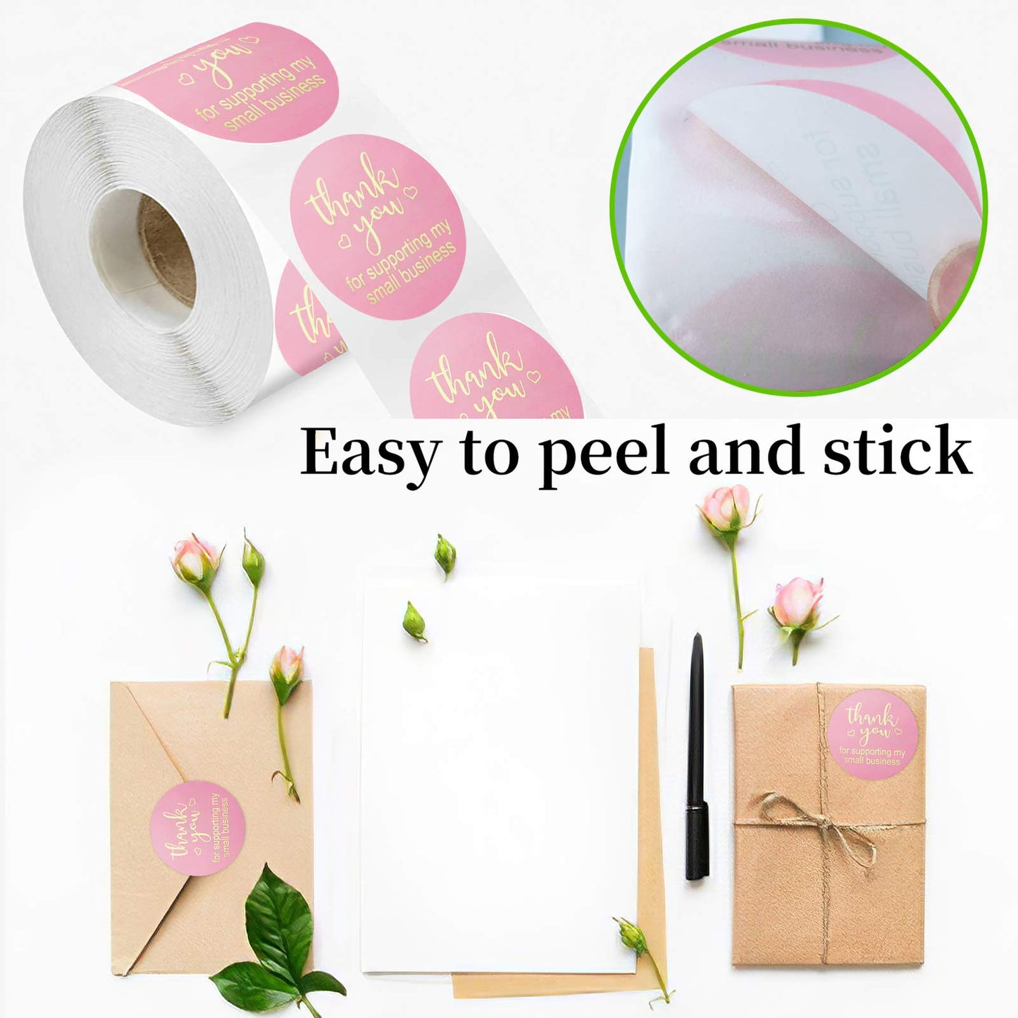 2.0in Thank You Stickers,Roll of 500 Thank You for Supporting My Small Business Sticker Labels,Adhesive Thank You Round Label Stickers for Gift Packaging,Greeting Card,Bouquet,Mailer&Retail Bag,Pink 2in Pink