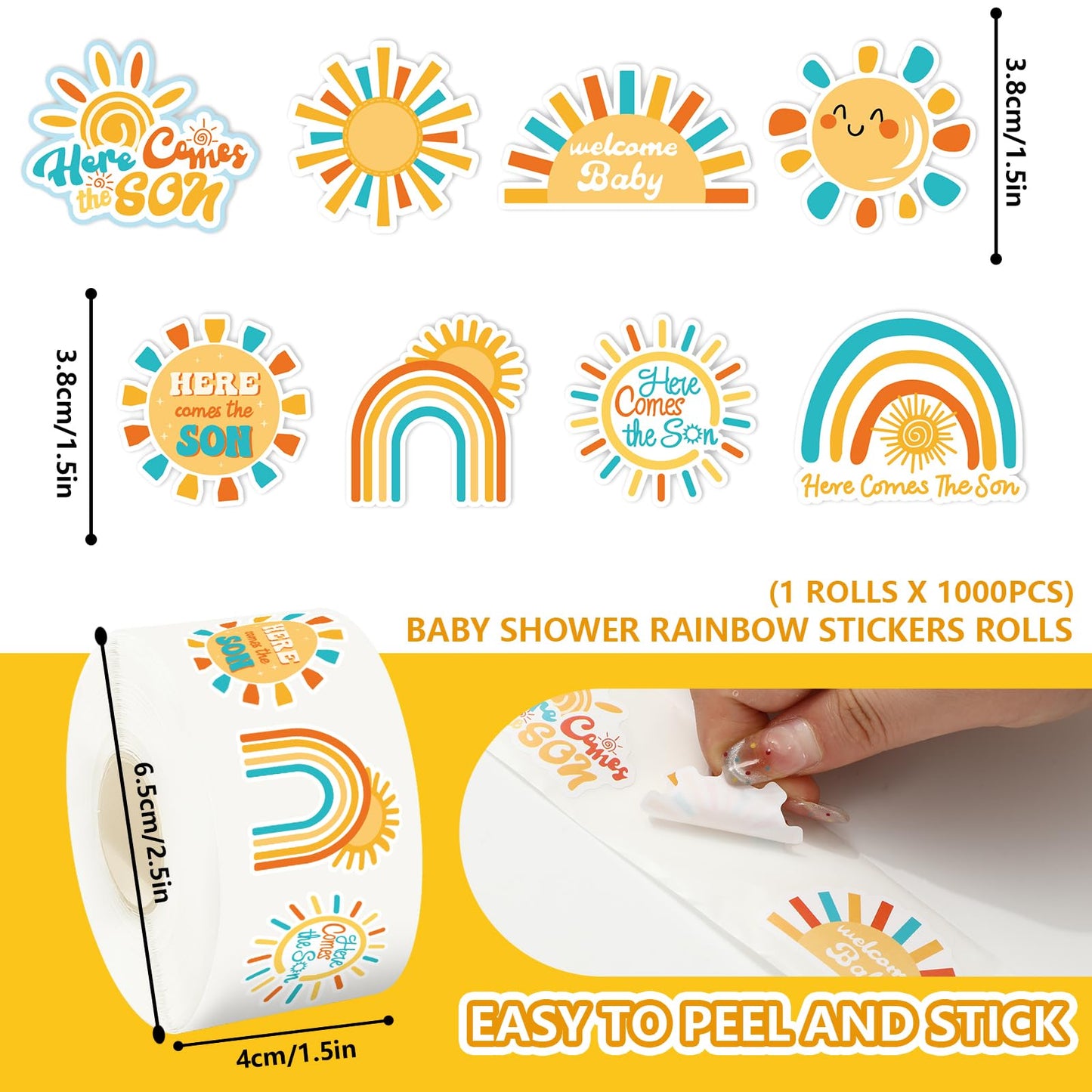 1000Pcs Boho Rainbow Decal Here Comes The Son Adhesive Sealing Labels First Trip Around The Sun Sticker for Baby Shower Birthday Party Favor, 8 Design Boho Sun Rainbow