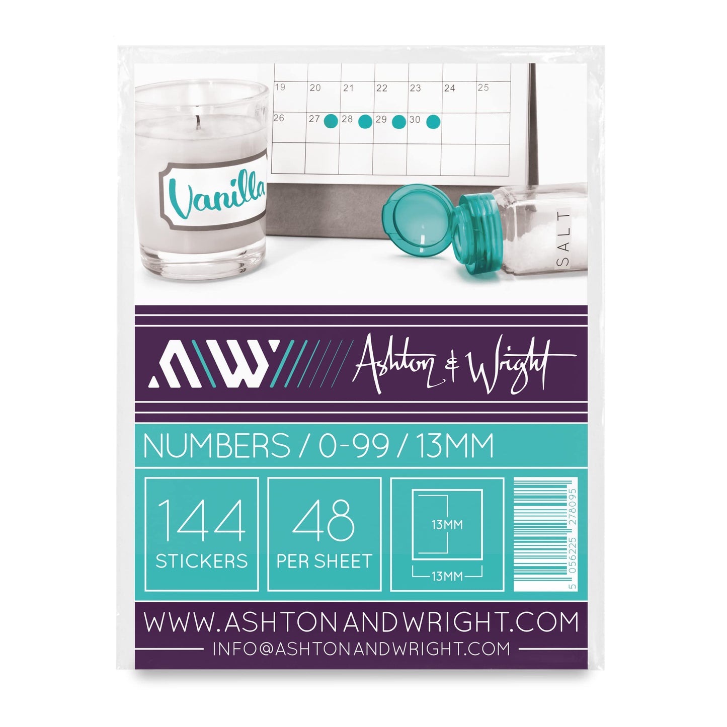 Ashton and Wright - 0-99 Numbered Stickers - 144 Easy Peel Labels - 13 x 13mm 13 x 13 mm