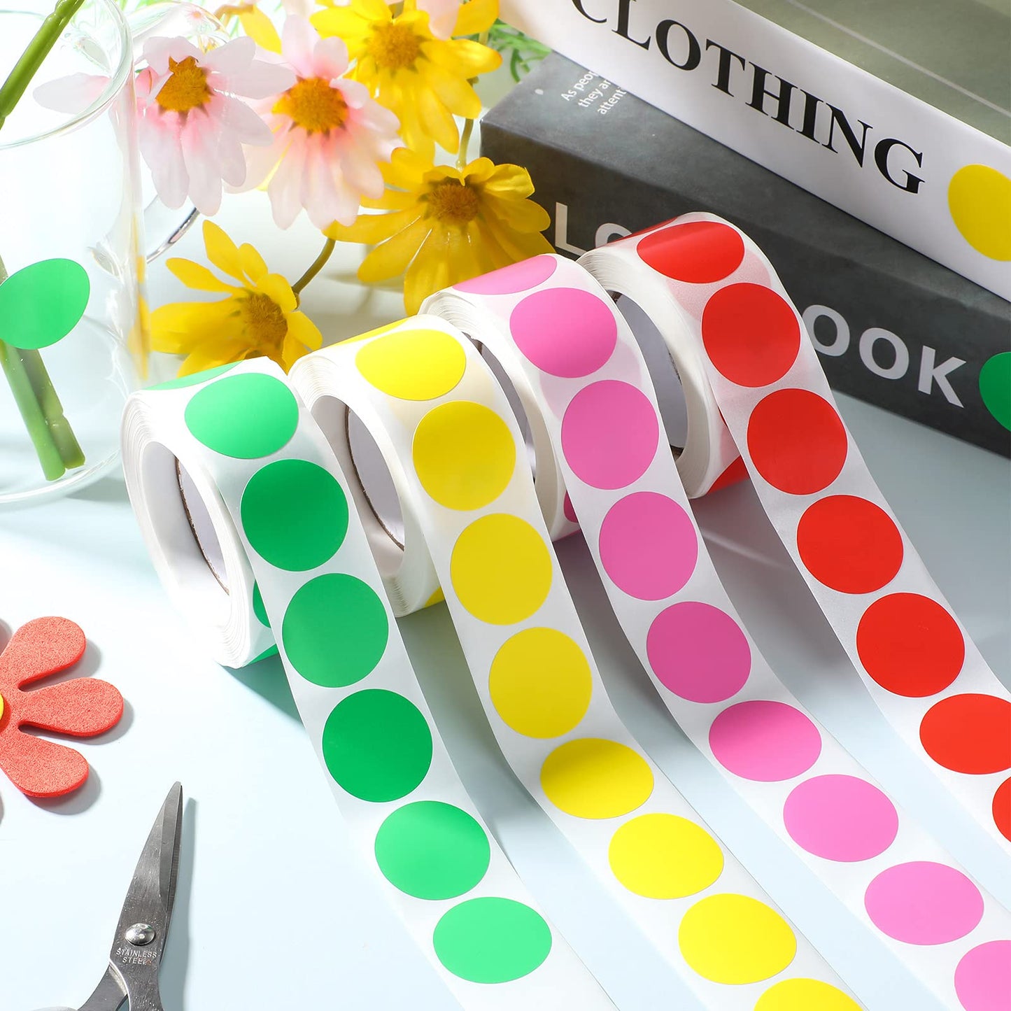 2000 Pieces 1 Inch Dot Stickers Circle Round Removable Dots Label Rolls Label Sticker for Office, Inventory Labeling(Red, Pink, Yellow, Green) Red, Pink, Yellow, Green