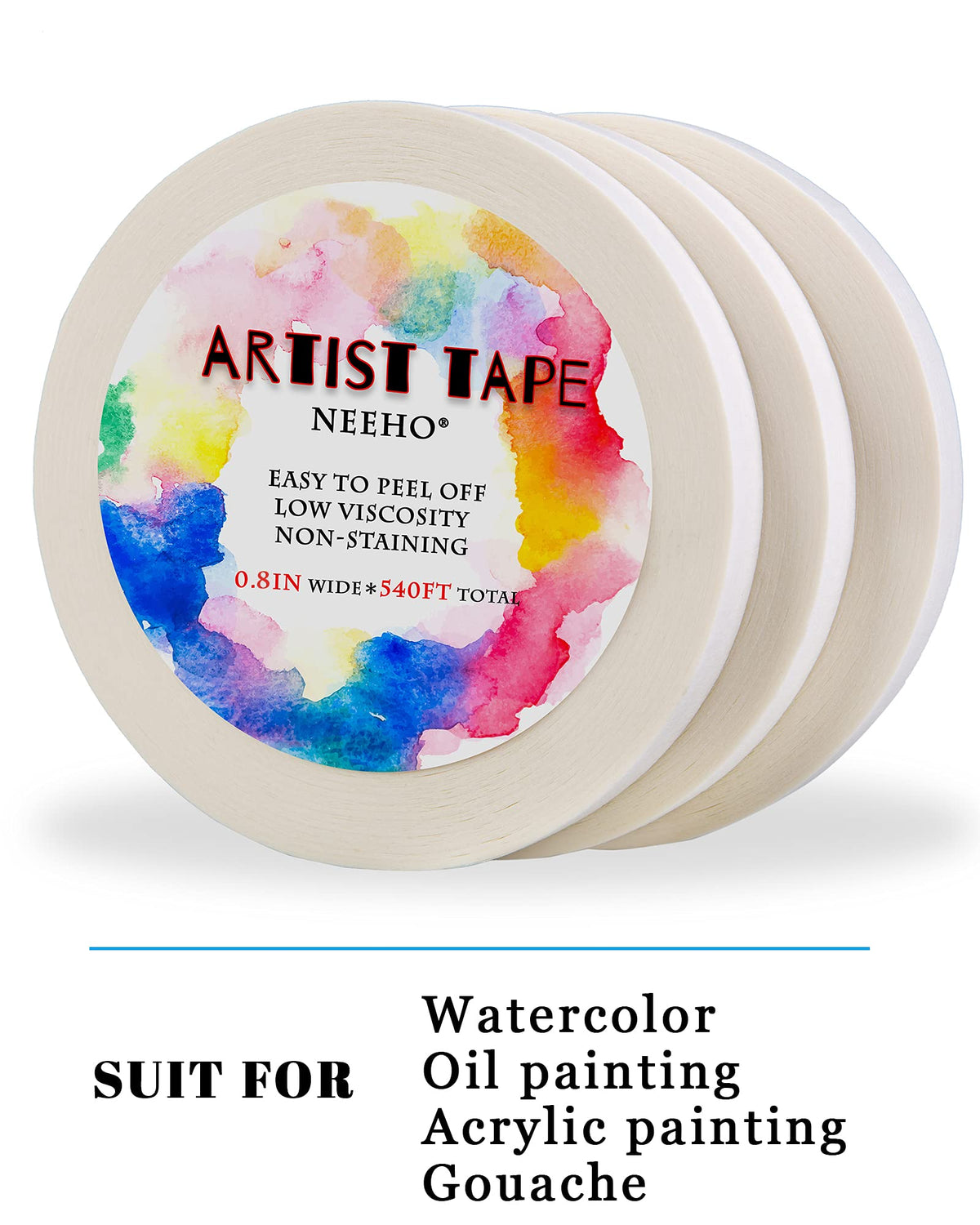Artist Tape for Drafting Art, 3 Pack Acid-Free White Masking Tape for Watercolor Painting Canvas Framing, 0.8inch Wide 540FT Long Total