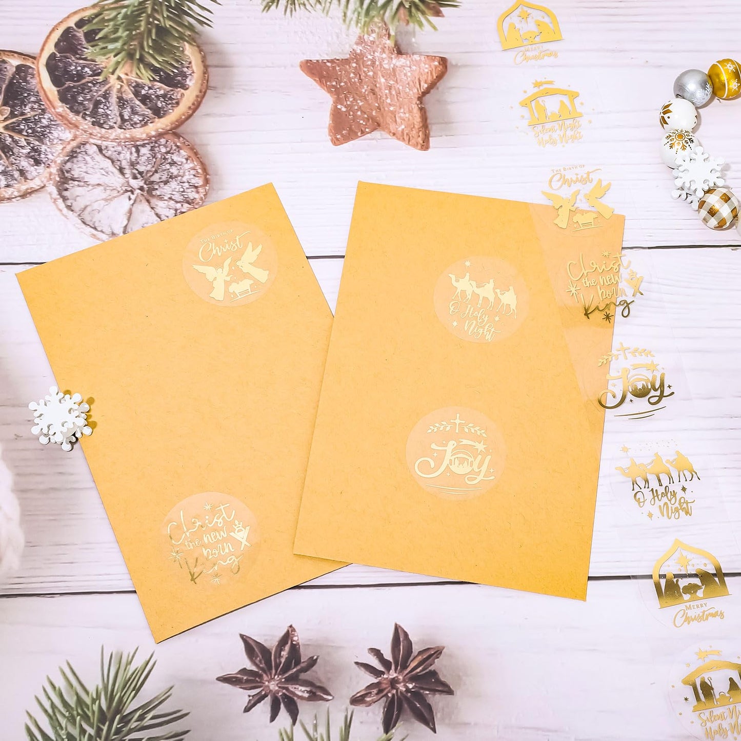 AnyDesign 1000Pcs Clear Christmas Stickers Roll Gold Foil Nativity Scene Stickers Xmas Winter Holiday Round Adhesive Label Stickers Decal for Xmas Envelopes Invitations Cards Gifts Decor, 6 Designs