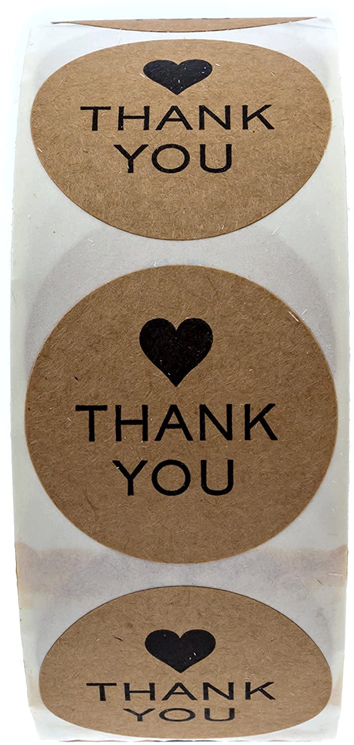 1.5" Small Round Kraft Thank You Stickers / 1,000 Gratitude Label Roll/Wedding Event Small Business Thank You Envelope Seal/Made in The USA 1.5” Heart