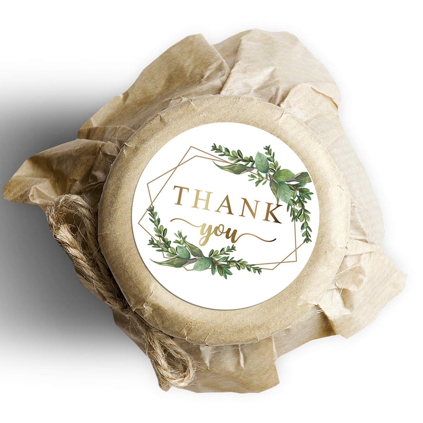 500 Chic Golden Greenery Frames Thank You Label Stickers, 1.4 Inches Circle Round Green Palm Leaves Wreath Thank You Stickers.