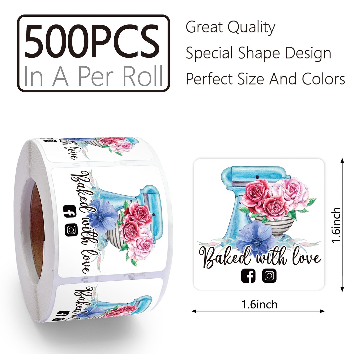 500pcs Made with Love Stickers Roll, Baked, Thank You, Handmade, Cake Box, Happy Mail, Cupcake Cookies Mama Owned Small Business Baked With Love