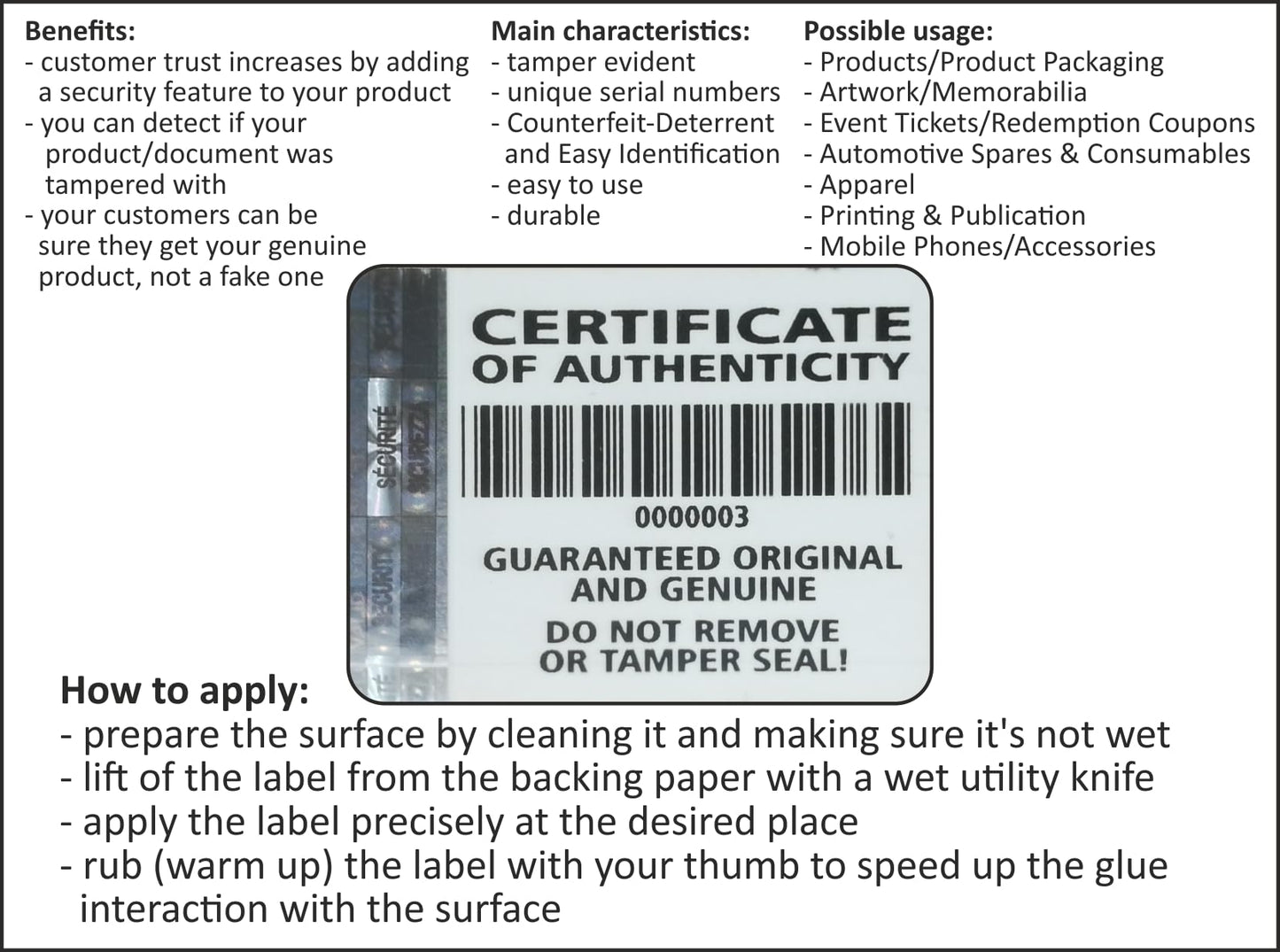 500 pcs Certificate of Authenticity Labels Security Stickers with Hologram Stripe 1.26 x 0.94 inch
