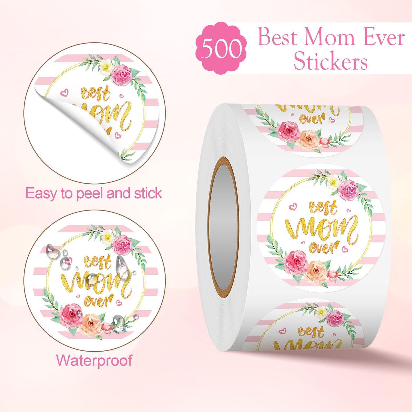 Heyfibro 1.5 Inch 500 PCS Happy Mother's Day Stickers Roll for Envelope Seals, Party Favors, Gift Boxes, Cards(Best Mom Ever) Flower Heart 1