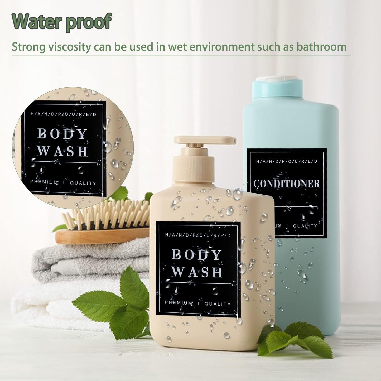 24 PCS Black Waterproof Labels for Bottles, Shampoo and Conditioner Dispenser Label Stickers, Bathroom Hand Soap Label Stickers,Removable Cleaning Labels for Glass/Plastic Spray Bottle