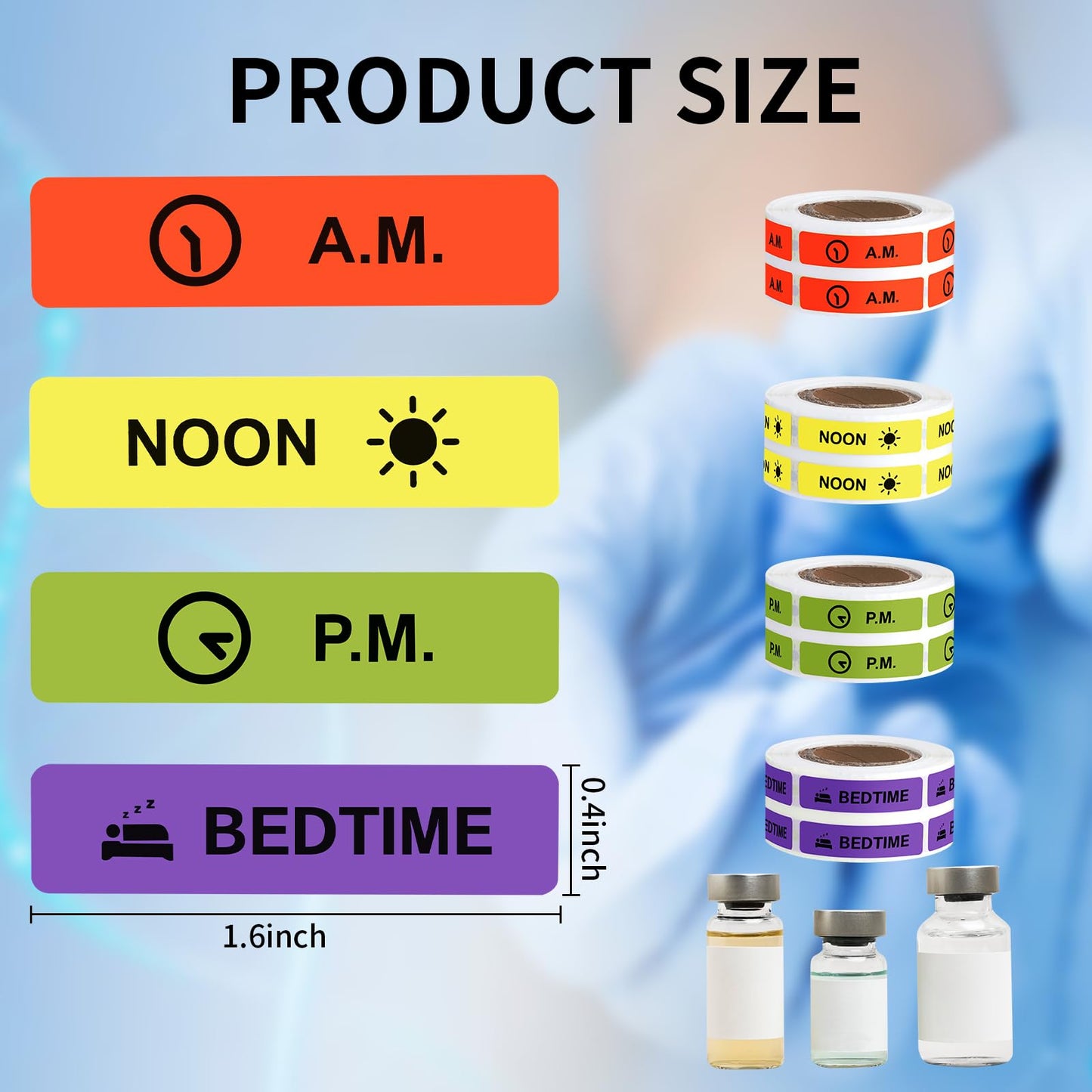 Medicine Stickers Medication Instruction Label Permanent Paper Label AM NOON PM Bedtime for Pill case Planner 0.4 * 1.6inch (500 per Roll 4 Pack)