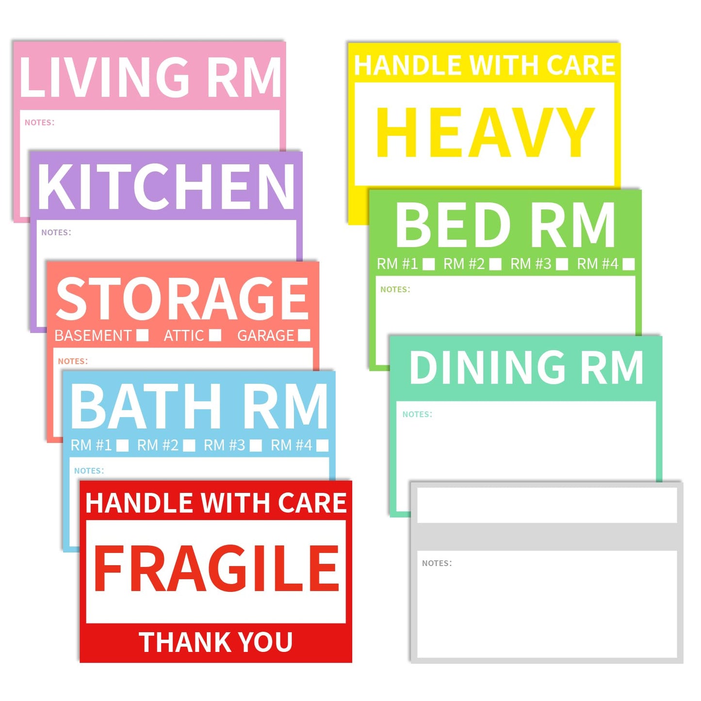 2” x 3’’ Removable Waterproof Home Moving Box Packing Labels for 1/2/3/4 Bedroom Rooms, 9 Designs Color-Coded Moving Stickers Including Fragile 、Heavy and Blank Labels (300 Labels) 300
