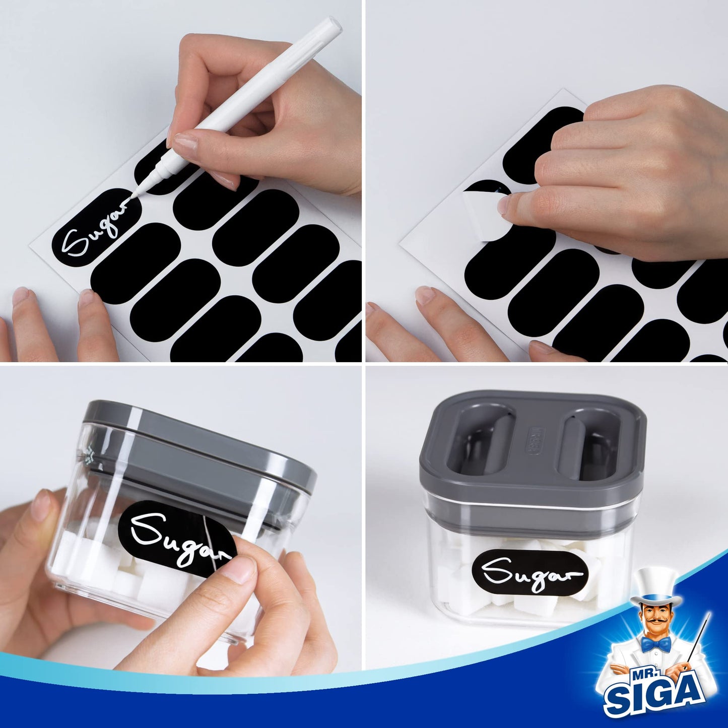MR.SIGA 96 Removable Labels for Storage Containers, Waterproof Reusable Sticker Labels for Jars Bottles with 1 Erasable Chalk Marker