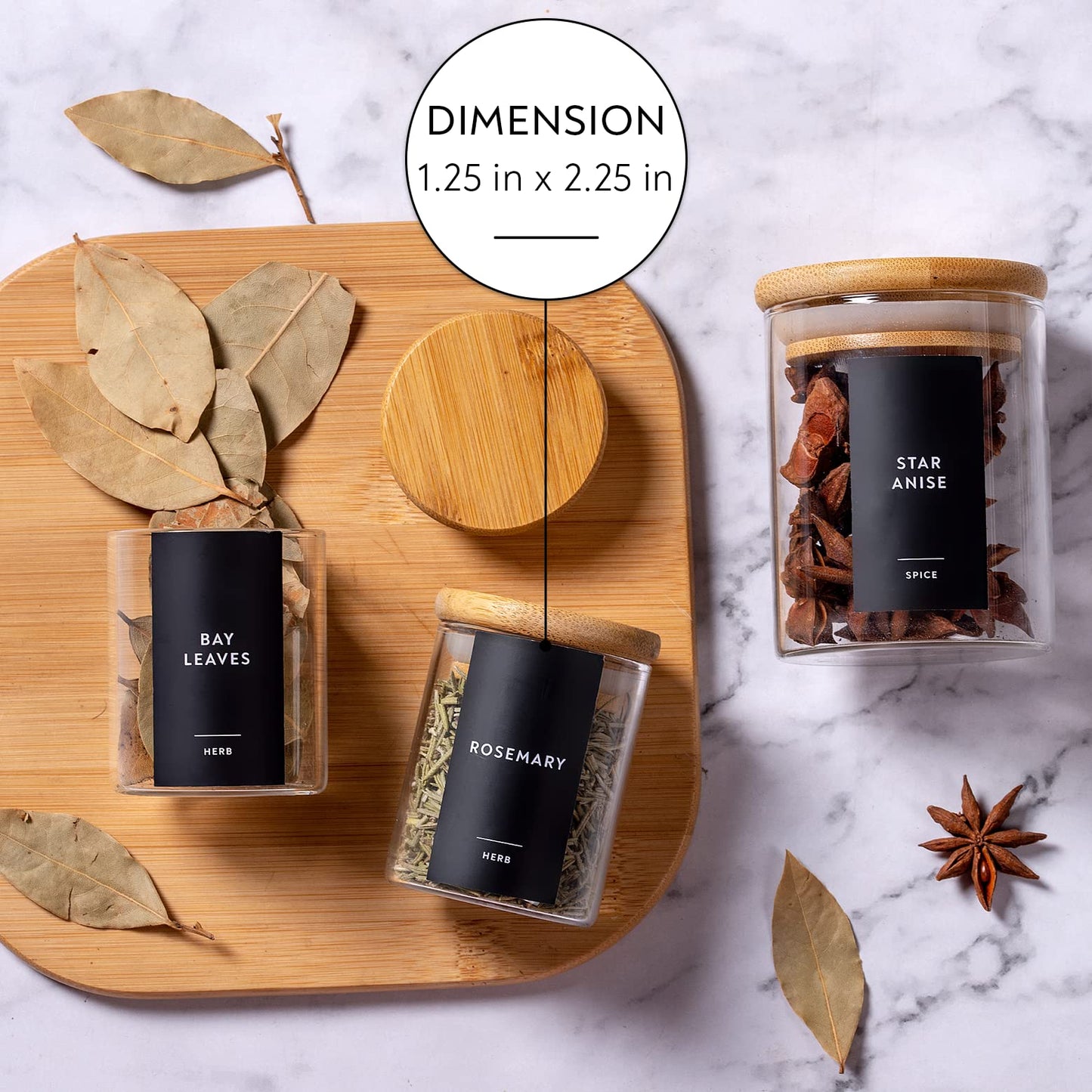 304 Minimalist Spice Label Set, White Text on Black Vinyl Waterproof Label Sticker with Removable Adhesive - Fits on Round, Square and Rectangle Jars - Organize Spice, Herb and Seasonings Spice Labels