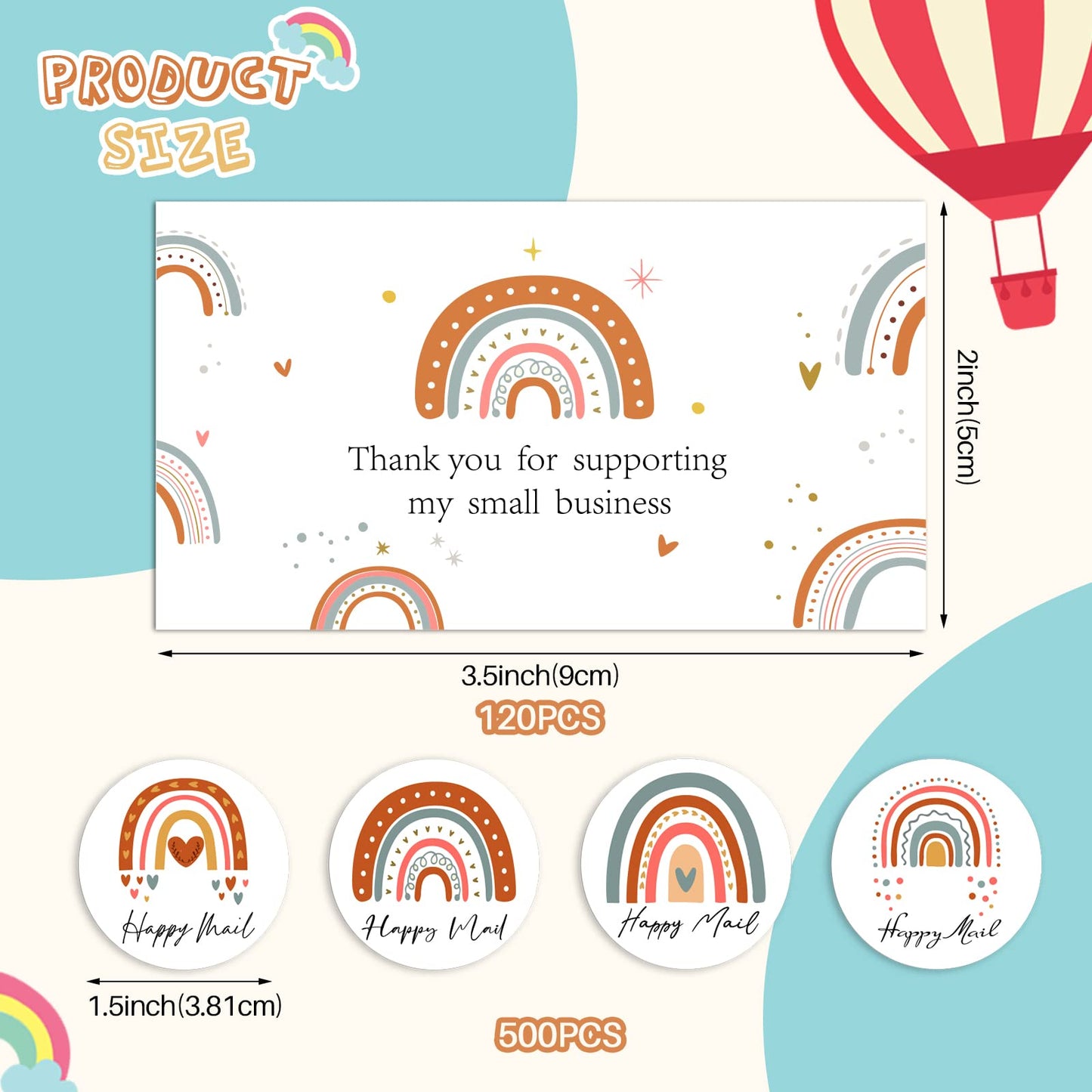 620Pcs Rainbow Thank You Cards for Supporting My Small Business with Happy Mail Sticker, 120Pcs Blank Note Card with 1.5’’Sticker Labels (500Pcs/ Roll) for Small Business Owners Sellers