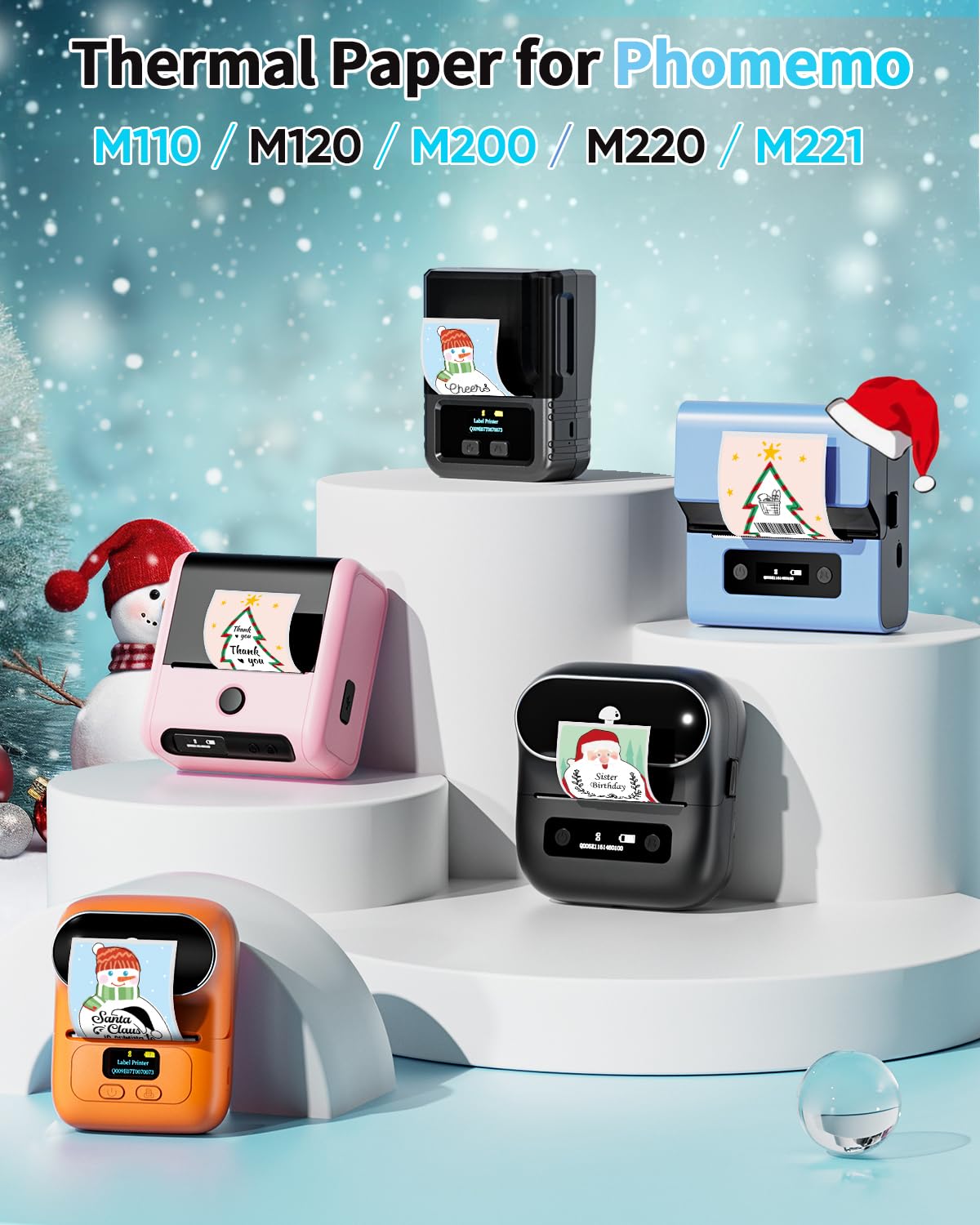 Phomemo Paper with Festival Santa Claus, Festival Tree, Cute Snowman, 1.96"*2.75"(50x70mm), Self Adhesive Festival Thermal Sticker Labels for Phomemo M110/M220/M221/M120/M200 Label Printer,3Roll