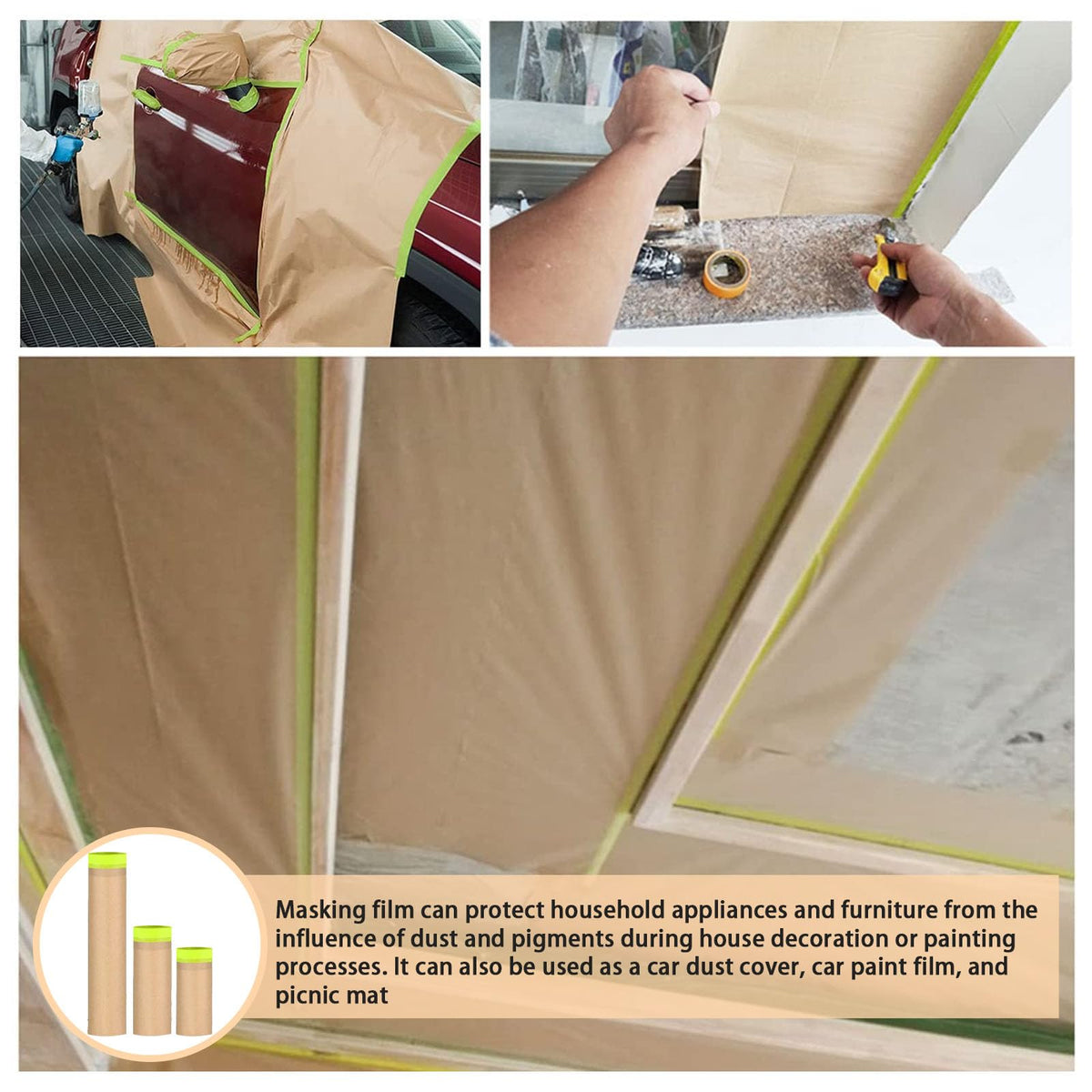 Tape and Drape, Paint Masking Paper, Masking Paper, 20" X 150feet Car Protection Covering Paper, Paint Tape, Assorted Masking Paper, for Car and Furniture, Floor(6",12",20") 3 pack(6",12",20")