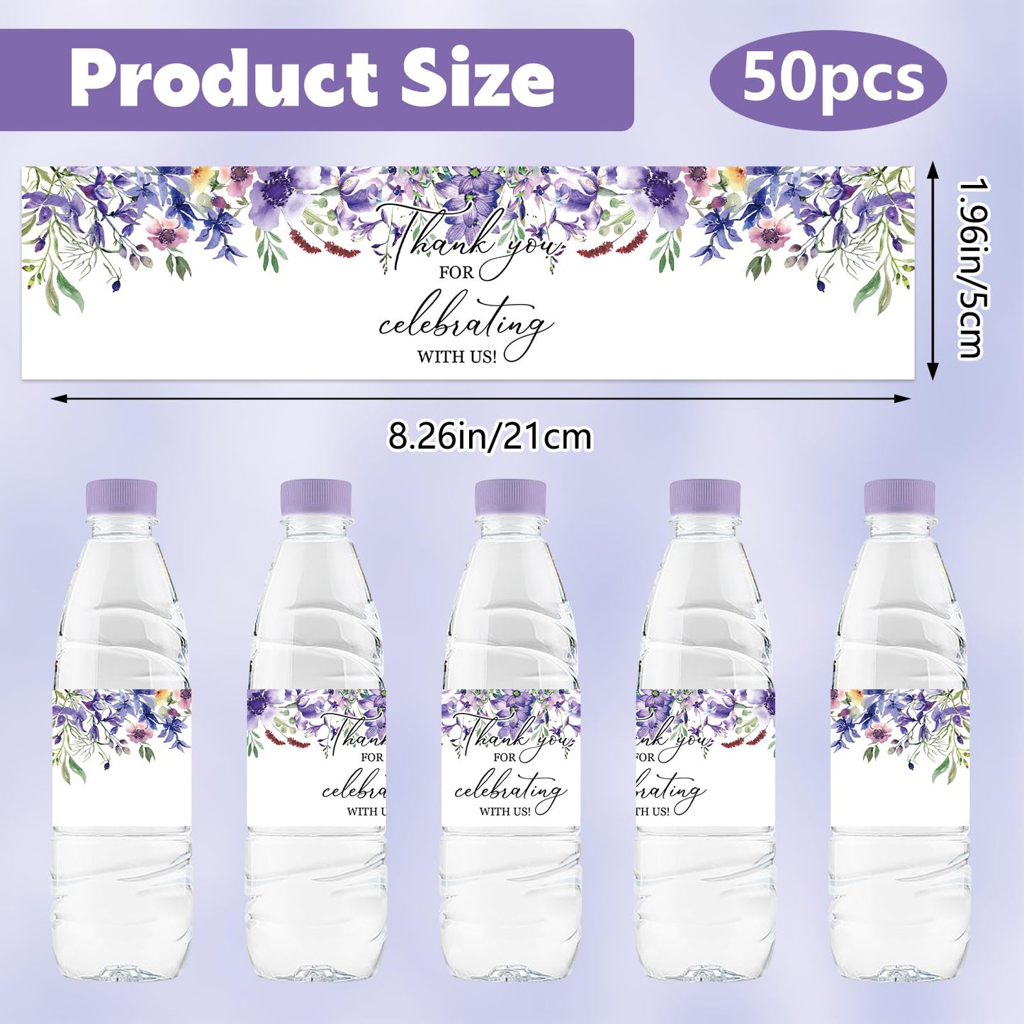 Water Bottle Labels, 50Pcs Purple Flowers Thank You for Celebrating with Us Waterproof Bottle Sticker for Wedding Birthday Graduation Baby Shower