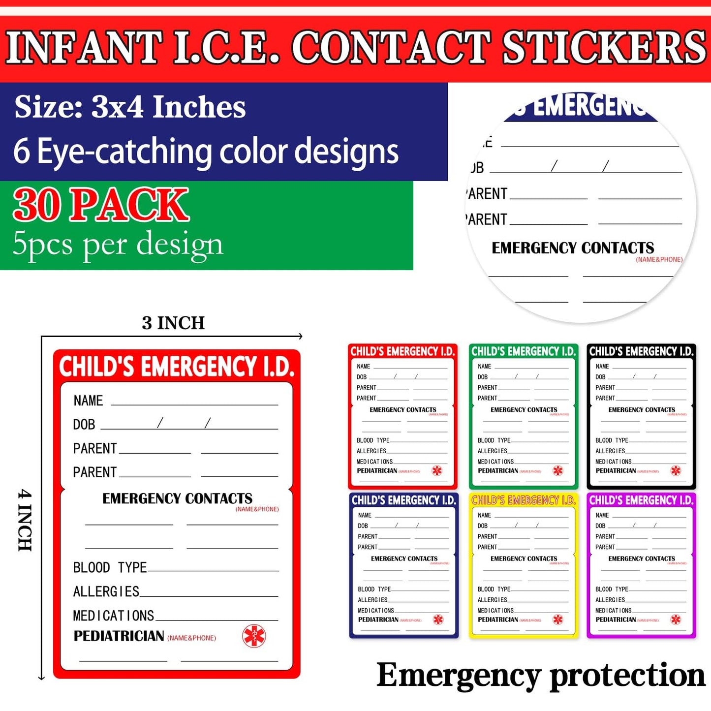30 Park Infant I.C.E. (in Case of Emergency) 3x4 Inch-Car Seat Sticker Safety Information Child Emergency Contact Car Seat Safety Alert Attachment Tag Stickers