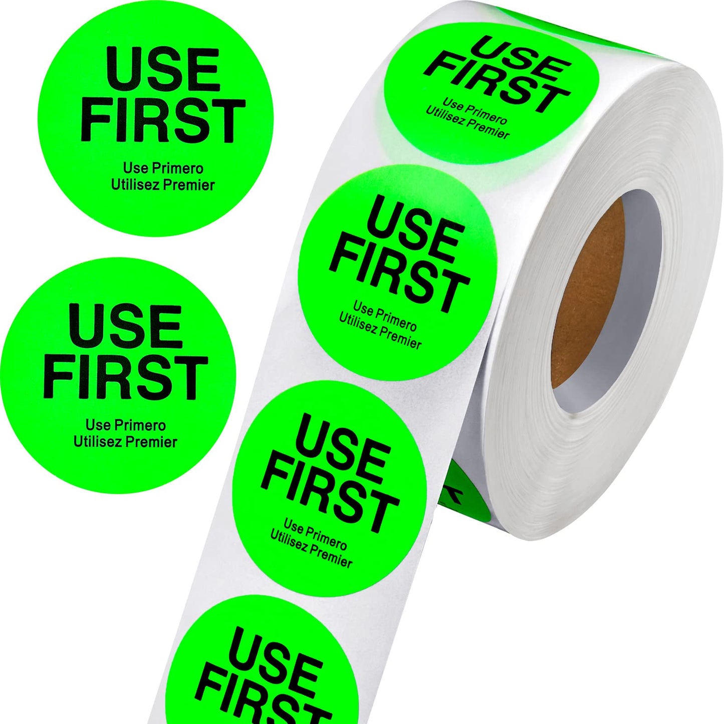 1000 Pcs Use First Stickers Day Food Labels 1.5 Inch Circle Removable Dots Food Labels Waterproof Fluorescent Adhesive Stickers for Kitchen Restaurant Containers,Trilingual,Green