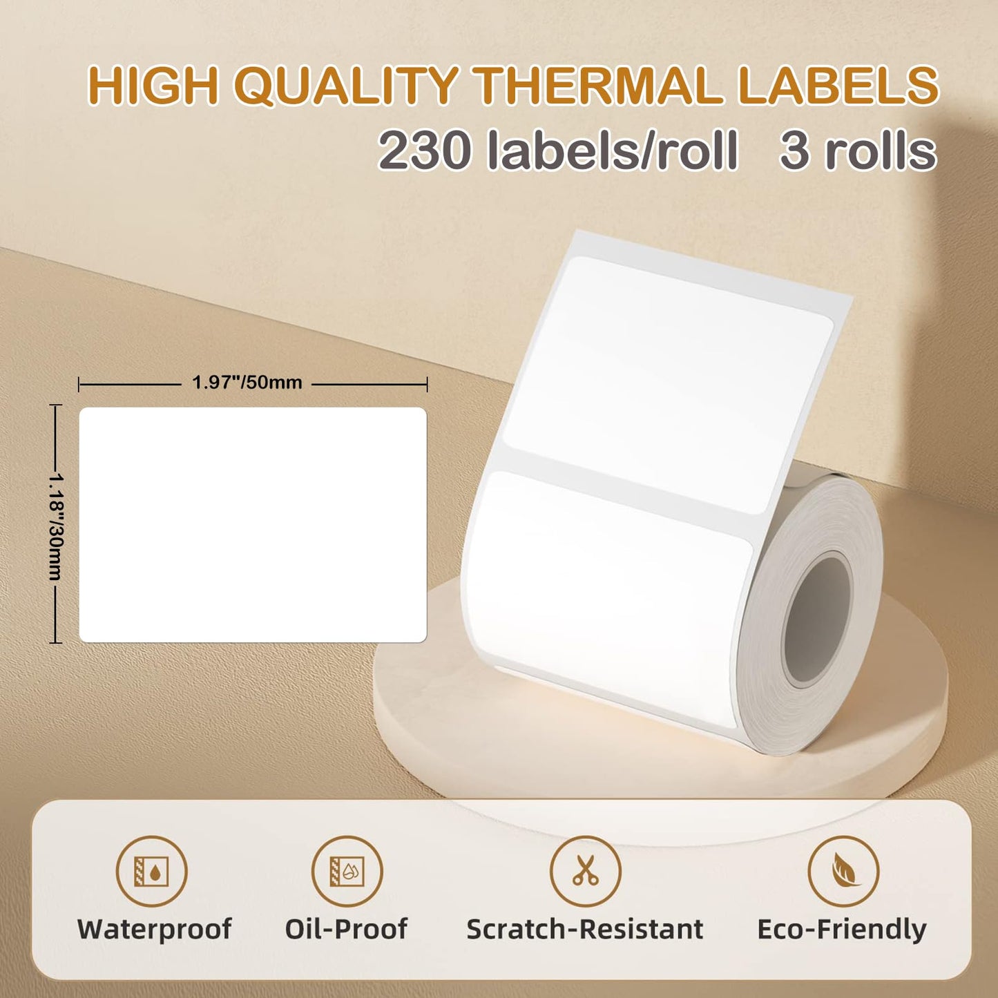Labels for B1/B21/B3S Label Maker, (3 Rolls, 1.96'' x 1.18'' /50x30mm) Thermal Sticker Label, Waterproof, Oil-Proof and Tear-Proof, Self-Adhesive Thermal Labels (White) 1.96“ x 1.18" × 3