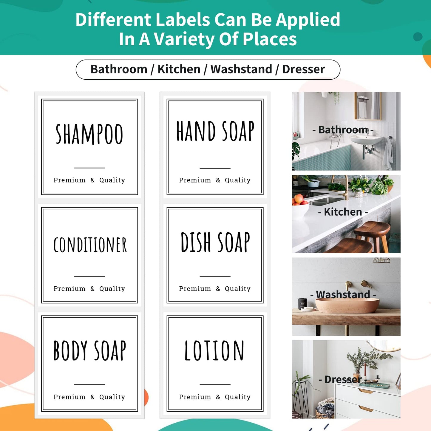 Segbeauty Bathroom Labels for Soap Dispenser, 18pcs 2.5in White Waterproof Removable Self-Adhesive Stickers, Reusable Shampoo Conditioner Hand Soap Lotion Shower Dispenser Bottles Label Stickers 18pcs-S+B+C+H+D+L