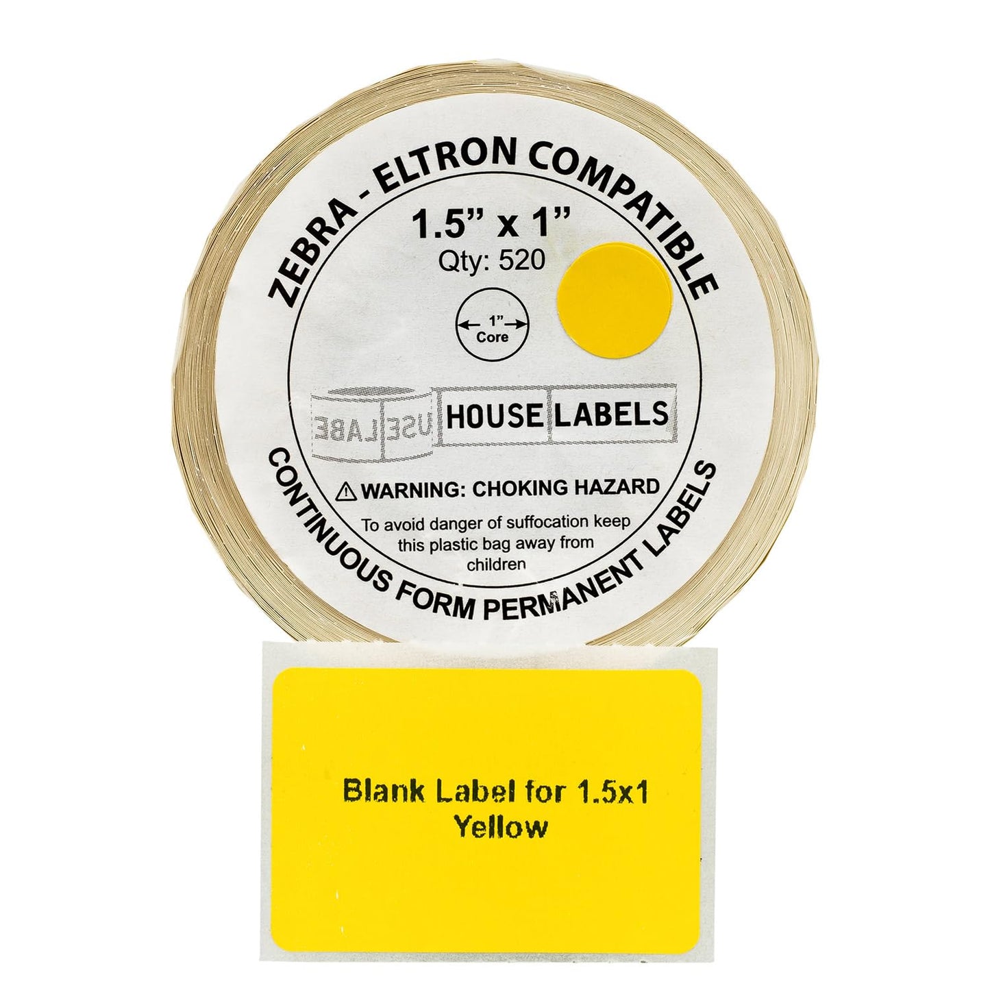 HOUSELABELS 1.5" x 1" Yellow Multipurpose Labels on 1" Core Compatible with Zebra and Rollo Printers, 1 Roll / 520 Labels per Roll