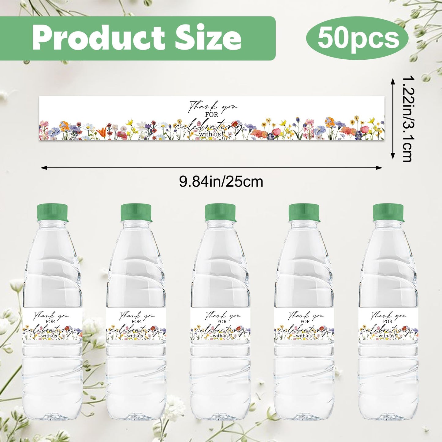 Water Bottle Labels, 50Pcs Thank You Flower Theme Waterproof Bottle Wraps Sticker for Graduation Wedding Birthday Bridal and Baby Shower 1.96x8.26in 5.10 Centimeters
