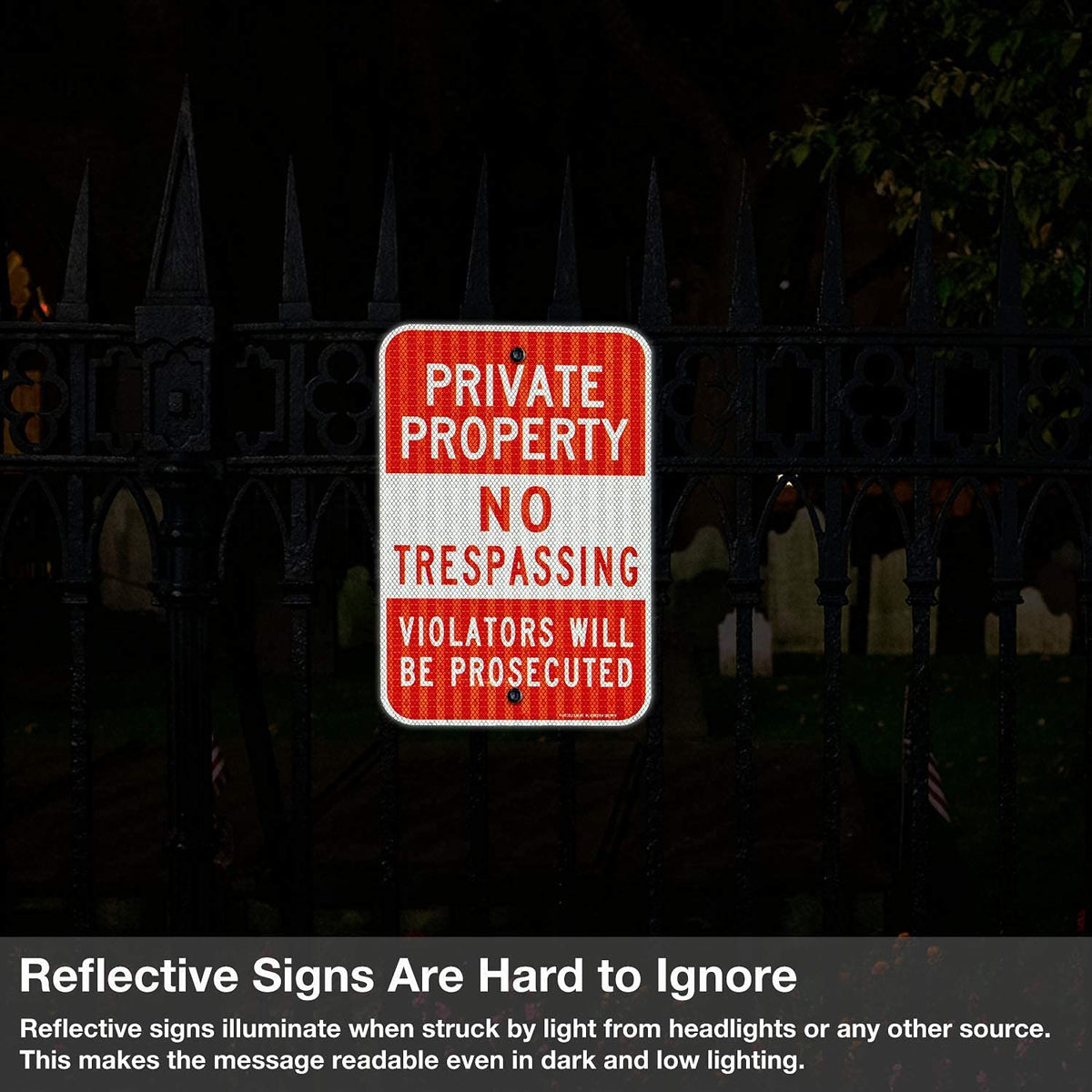 (2 Pack) Private Property No Trespassing Sign, Violators Will Be Prosecuted, 18 x 12 Engineer Grade Reflective Sheeting Rust Free Aluminum, Weather Resistant, Waterproof, Easy to Mount 2 Pack Private Property No Trespassing signs - red and white