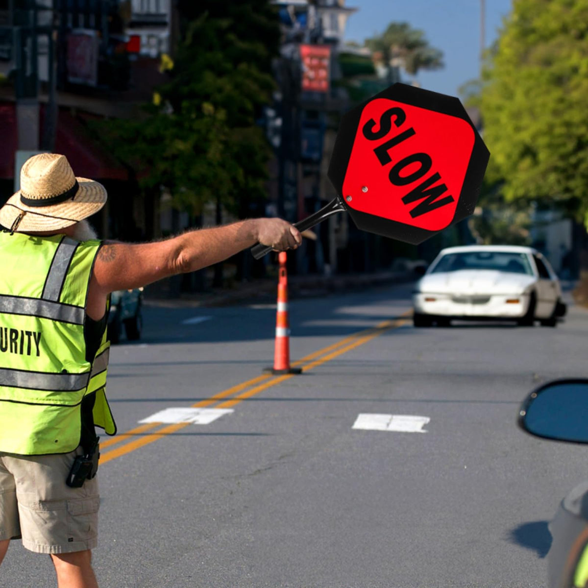 2 Pieces Stop Slow Signs, 13'' Hand Held Stop Slow Signs with Metal Handle, Double Sided Stop Slow Paddles for Flaggers, Crossing Guard, Traffic, Walking, Pedestrian