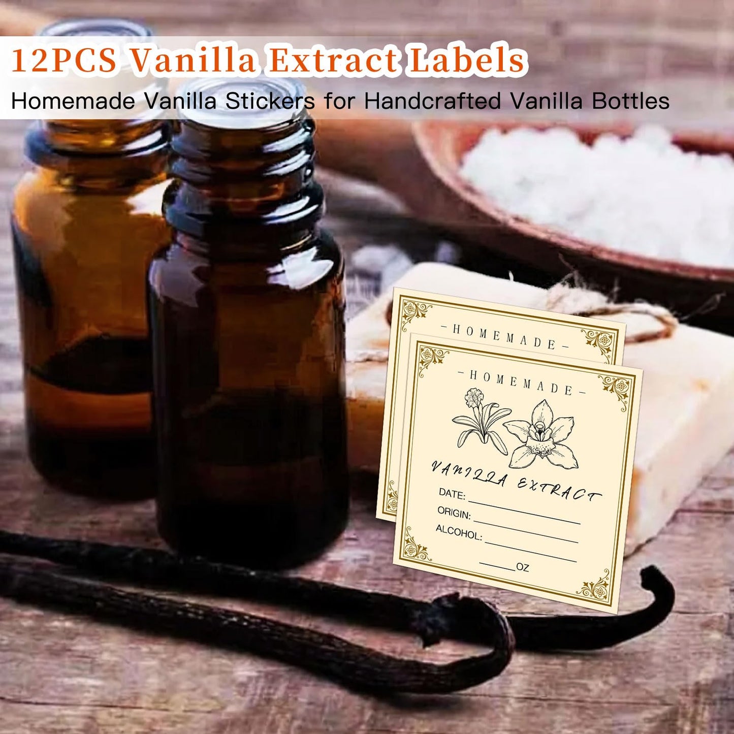 12PCS Vanilla Extract Labels - Homemade Vanilla Stickers for Handcrafted Bottles, Vintage Labels for 2oz,4oz,8oz,16oz Bottles (2.5inch,Square)