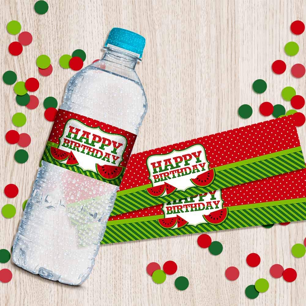 Sweet Celebration Red Watermelon Birthday Waterproof Water Bottle Sticker Wrappers, 20 1.75" x 8.5" Wrap Around Labels by AmandaCreation