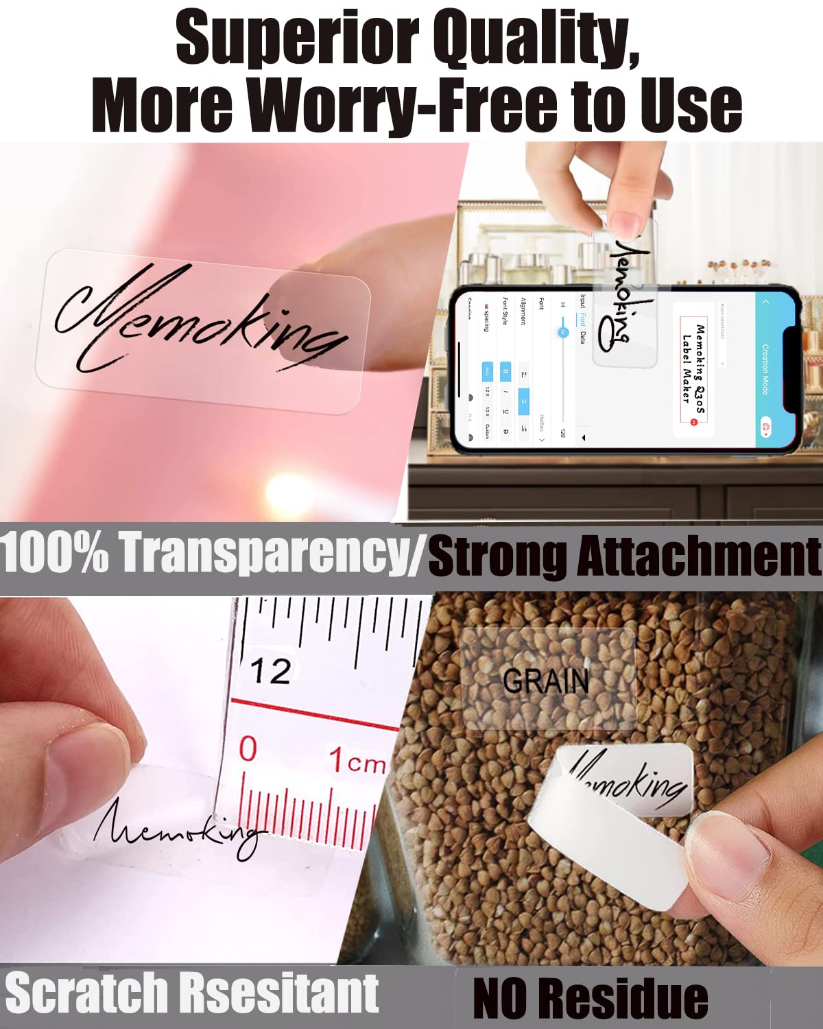 D30 Transparent Thermal Label Tape 14mm x 40mm (0.55" x 1.57") - Compatible with Phomemo/Memoking D30 Printer - Adhesive Clear Label Paper for Cosmetics, Storage, Stationery