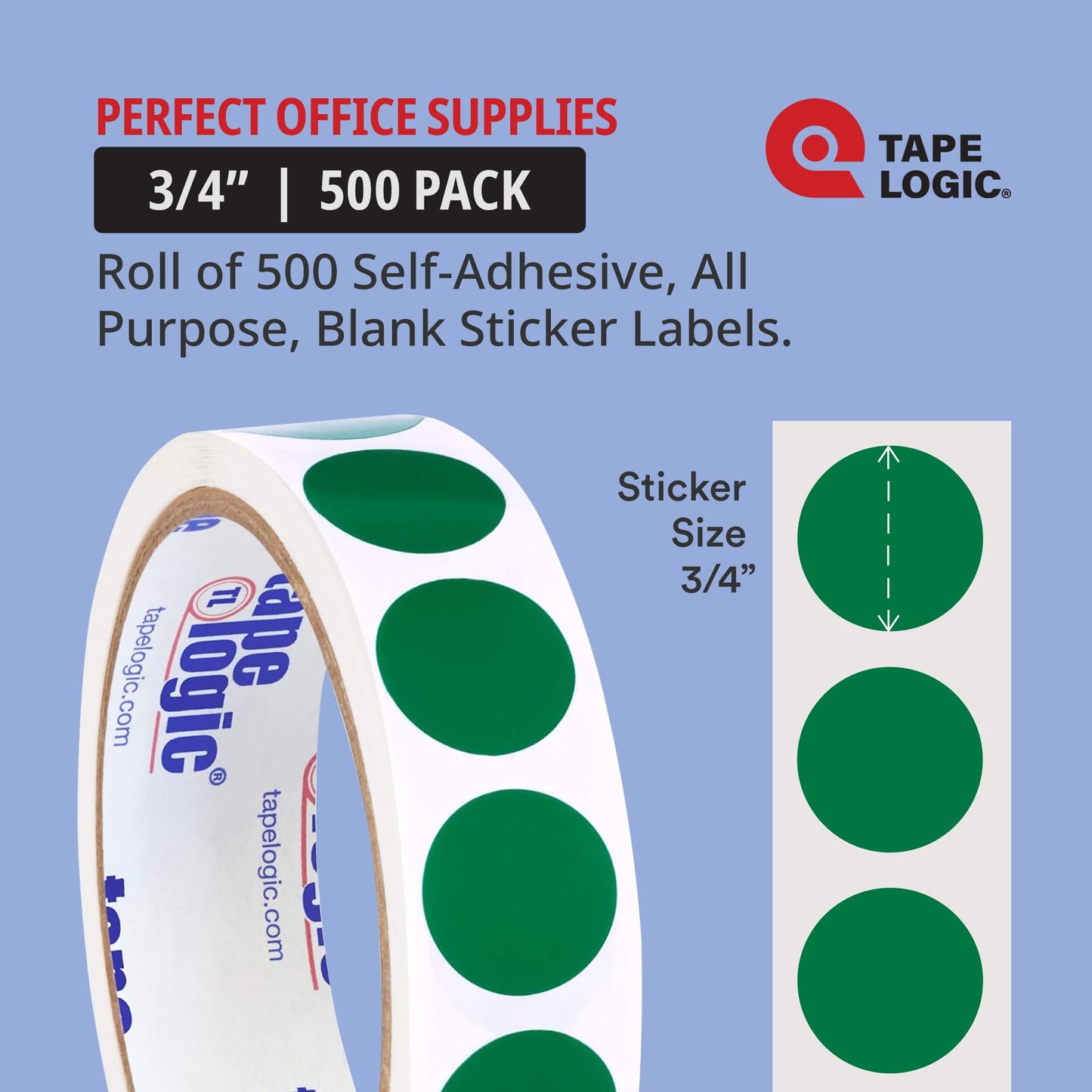 Tape Logic Colored Polka Dot Label Stickers 3/4" Green (500-pk) Small Round Circle Sticker Labels Blank Dots for Color Coding, School Supplies for Classroom Paper, Teachers, Students & Kids