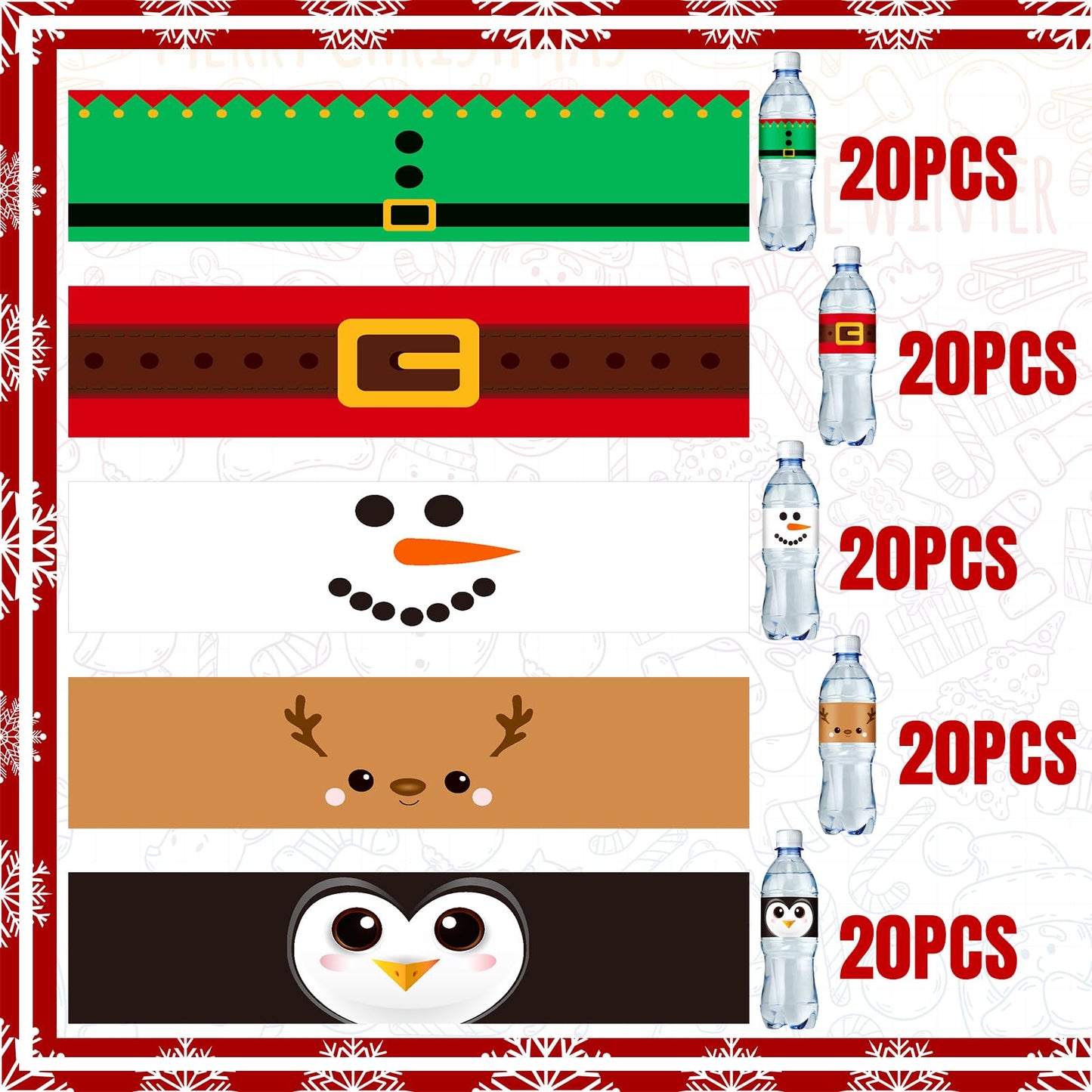 100 Pcs Christmas Water Bottle Labels Merry Christmas Water Bottle Sticker Wrappers Xmas Labels Waterproof Santa Reindeer Snowman Party Favors for Party Decorations