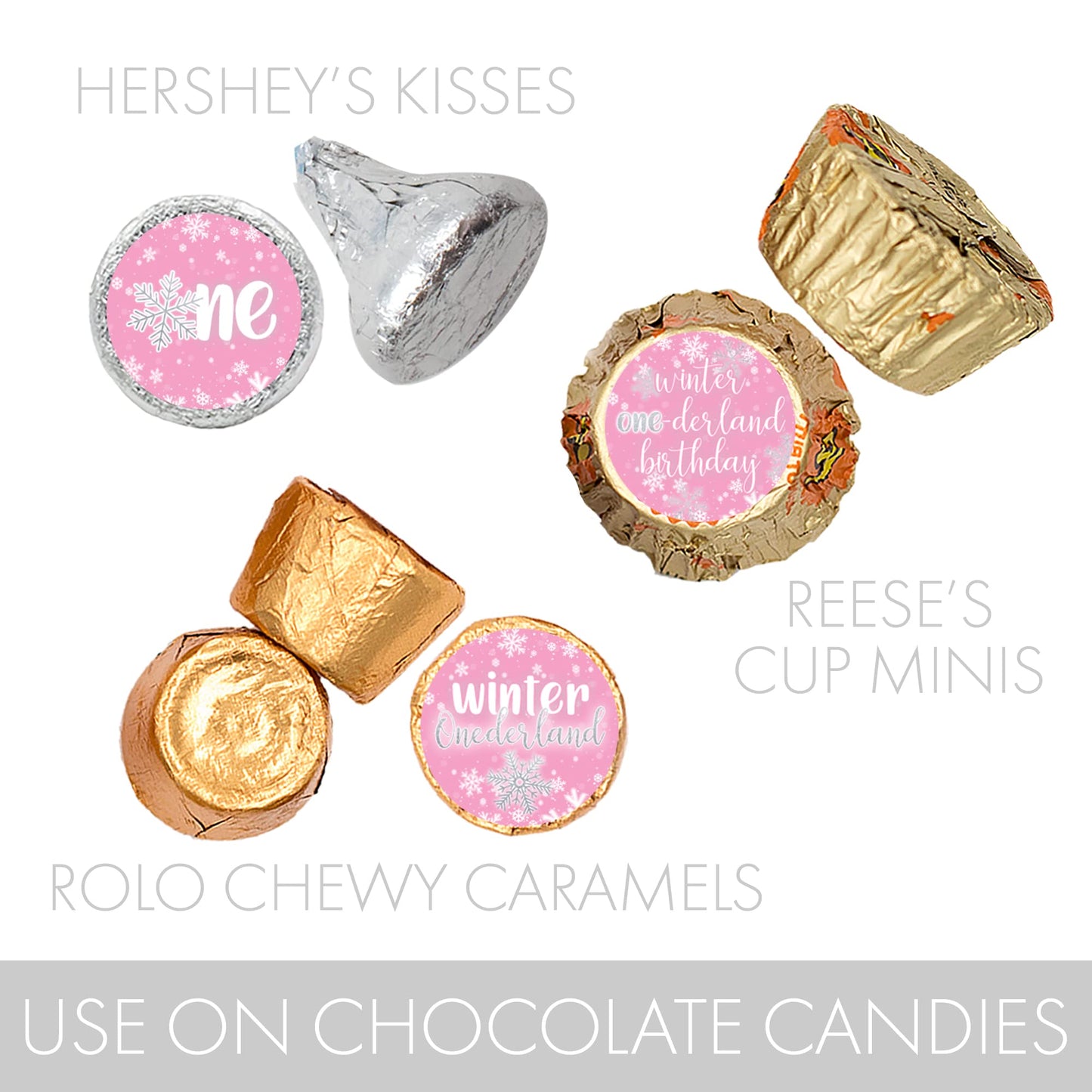 Pink Winter Onederland 1st Birthday Party Chocolate Kisses Candy Stickers, Snowflake First Birthday Party Favors - 180 Count