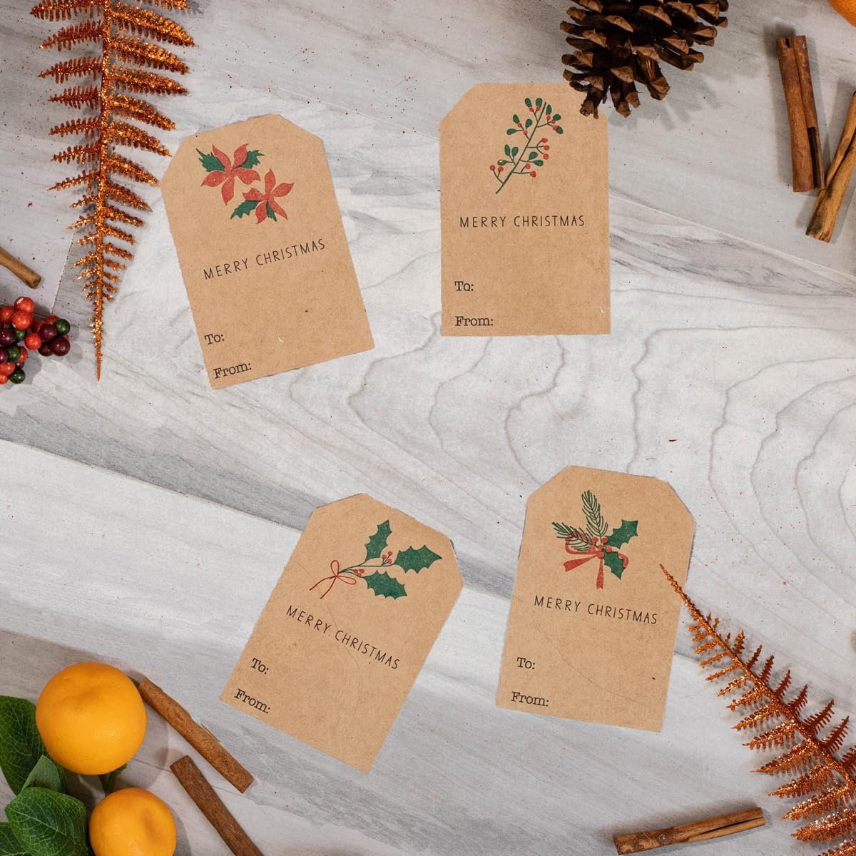 Mistletoe Holiday Gift Tags – 2 x 3 Inch Adhesive Labels with 4 Festive Mistletoe & Holly Designs – 100 Eco-Friendly Kraft Tags, Permanent Adhesive, Made in The USA