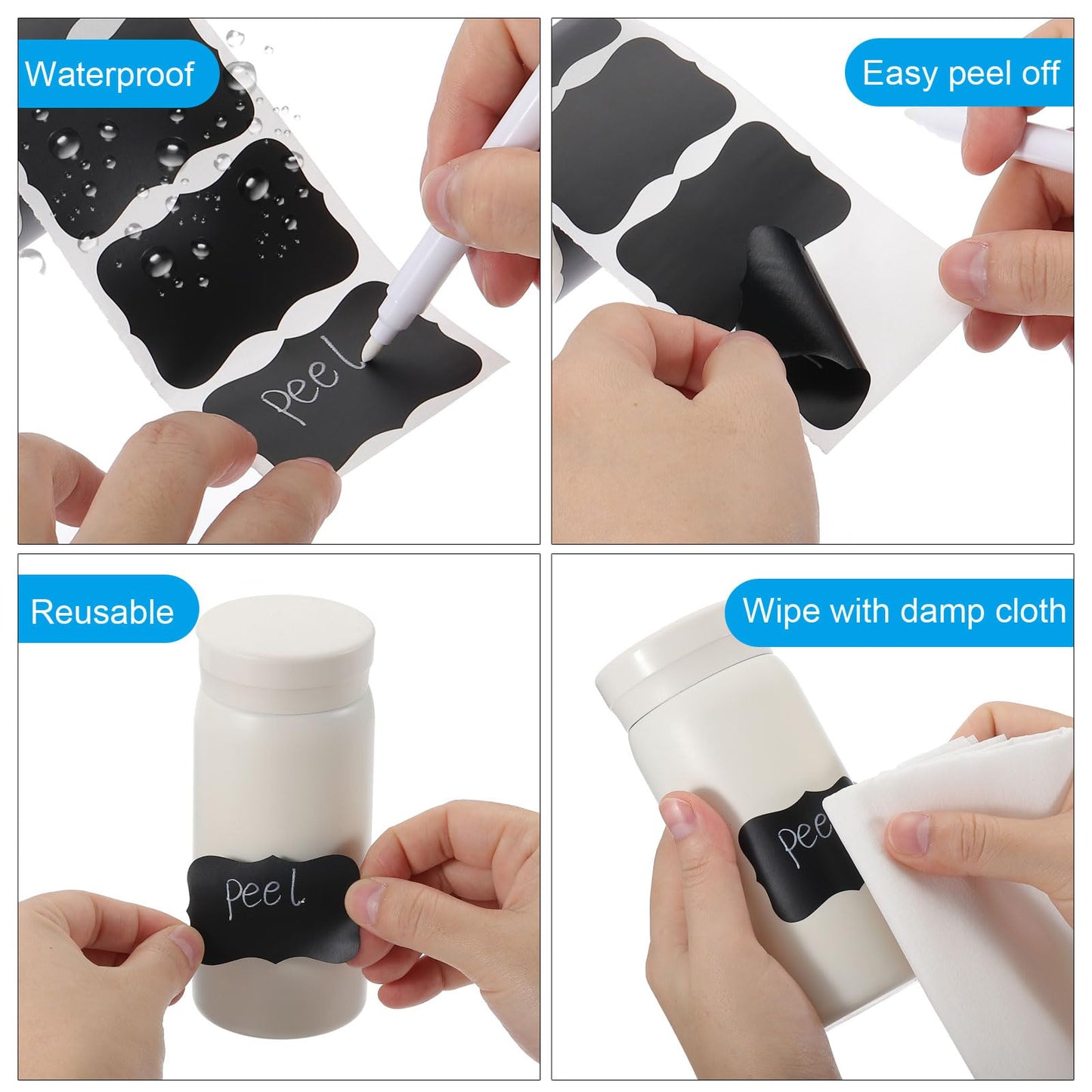 PATIKIL Chalkboard Labels, 300 Pcs Erasable Reusable Blackboard Stickers with 2 Liquid Chalk Pen, Waterproof Pantry Labels for Containers, Jars, Storage Bins (Wavy Shape)