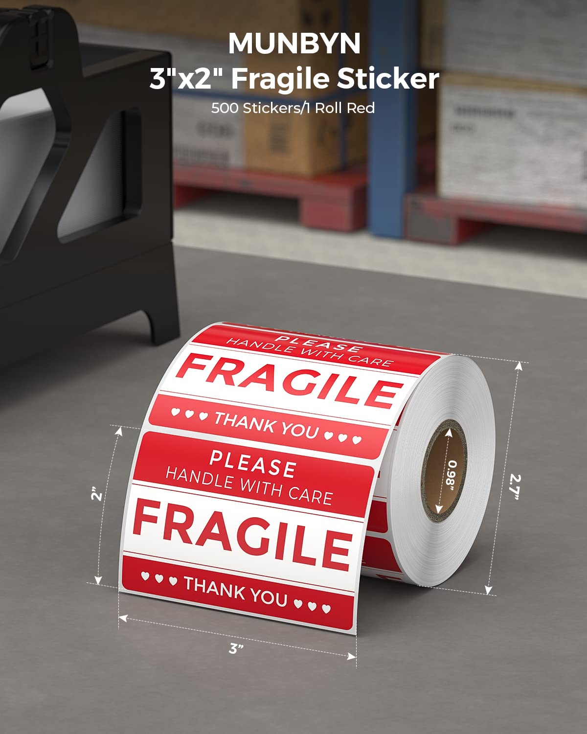 MUNBYN 3" x 2" Fragile Stickers for Shipping, Handle with Care Moving Box Labels, Self-Adhesive Red Fragile Packaging Stickers for Small Business, Moving Supplies (500 Labels/1 Roll)