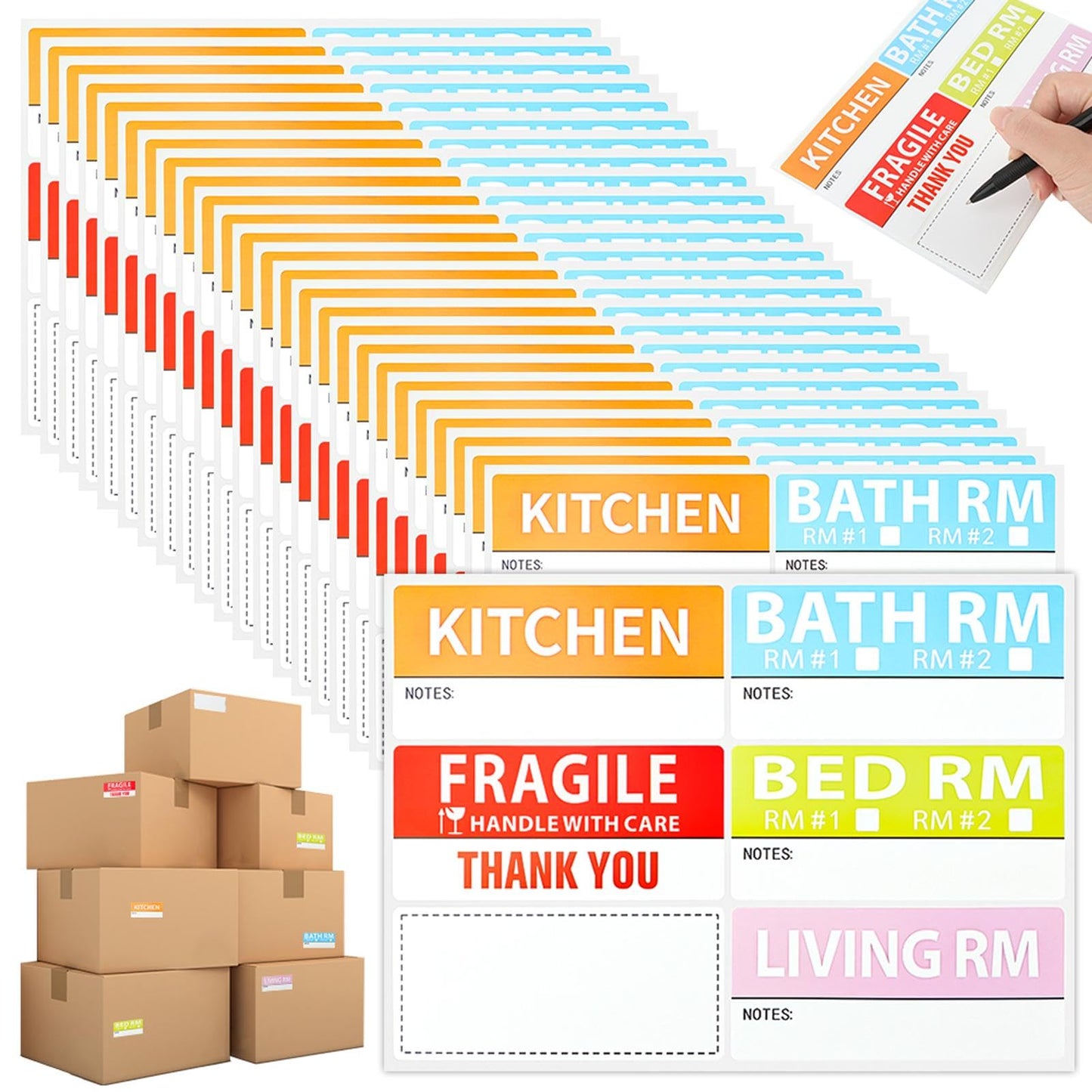 300 Count Home Moving Labels, 50 Sheets 6 Color Coded Moving Labels with Fragile Stickers, Waterproof Moving Stickers Color Coded Packing Labels for Moving Boxes, Moving Supplies 1.65x3.54inch