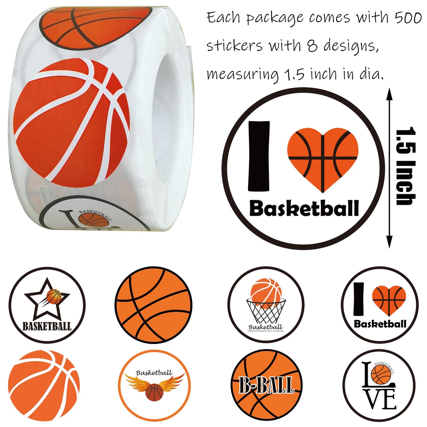 500 Pieces Basketball Labels Roll Stickers - Basketball Sport Party Supplies Decorations Favors Jar Containers Letter DIY Sticker Labels Decals