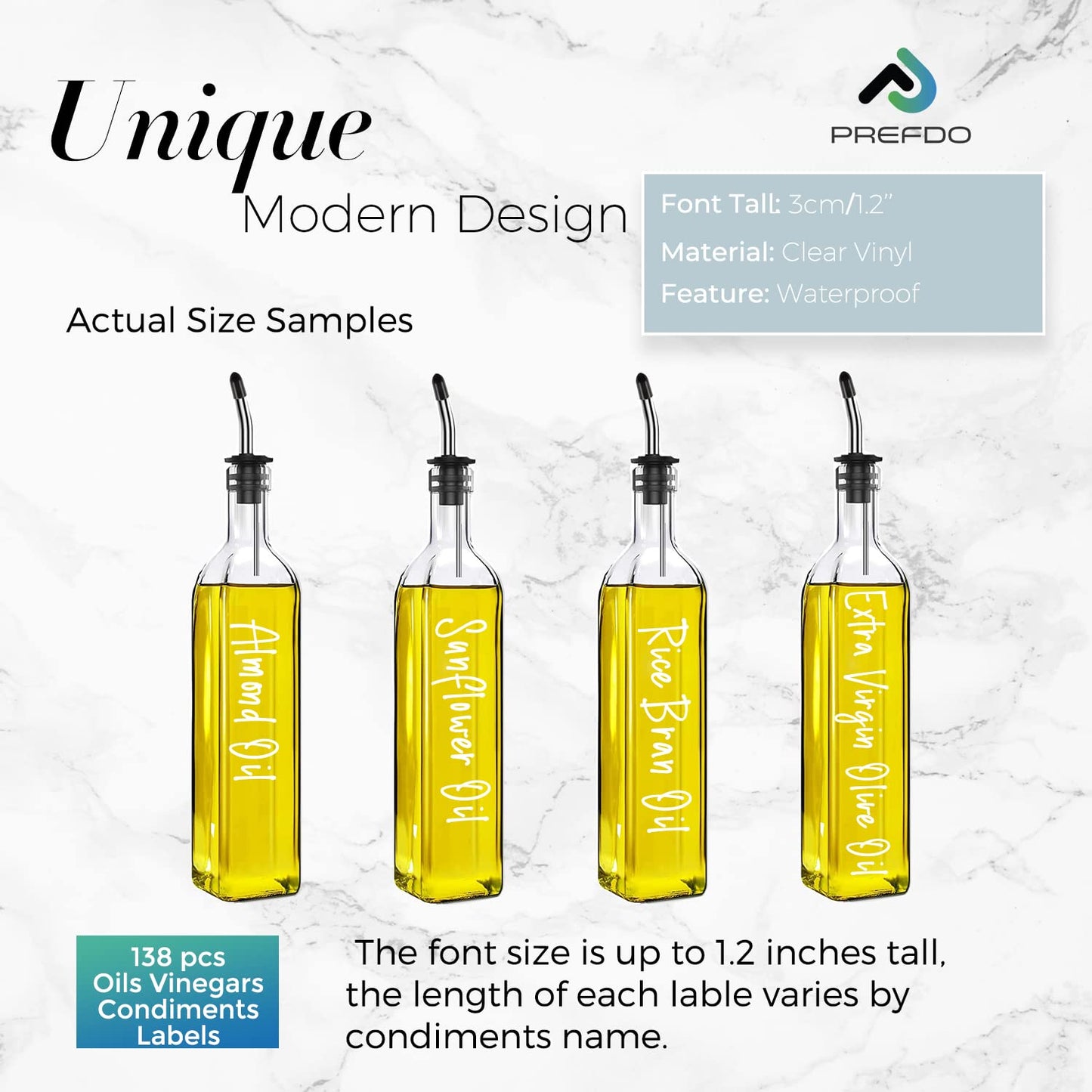 138 Oil and Vinegar Labels for Bottles, Prefdo White Script Clear Preprinted Condiments Stickers for Squeeze Dispensers Kitchen Pantry Organization, Waterproof & Oil-Proof Oils1