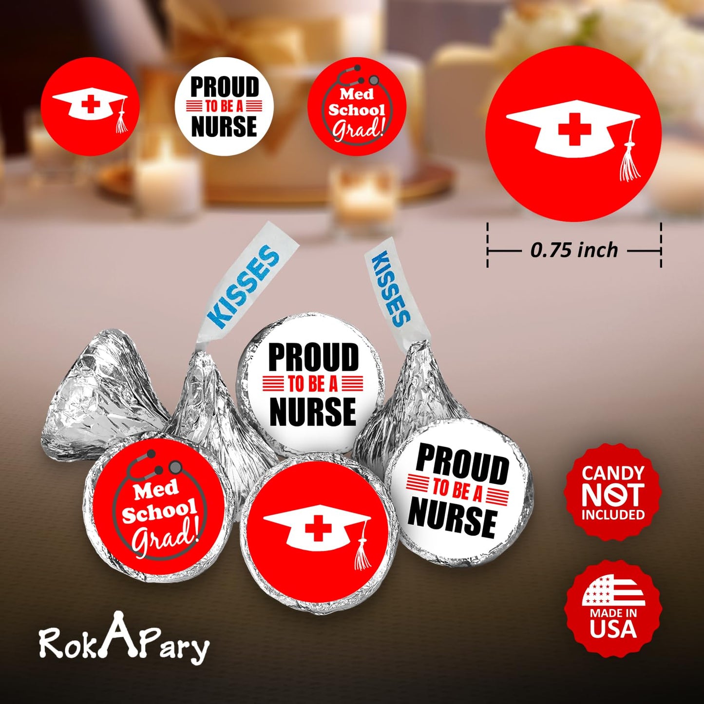 216 Nurse Graduation Party Kisses Stickers Labels, RN LPN LVN NP Nursing Medical School Grad Party Decorations. Candy NOT Included. Made in USA