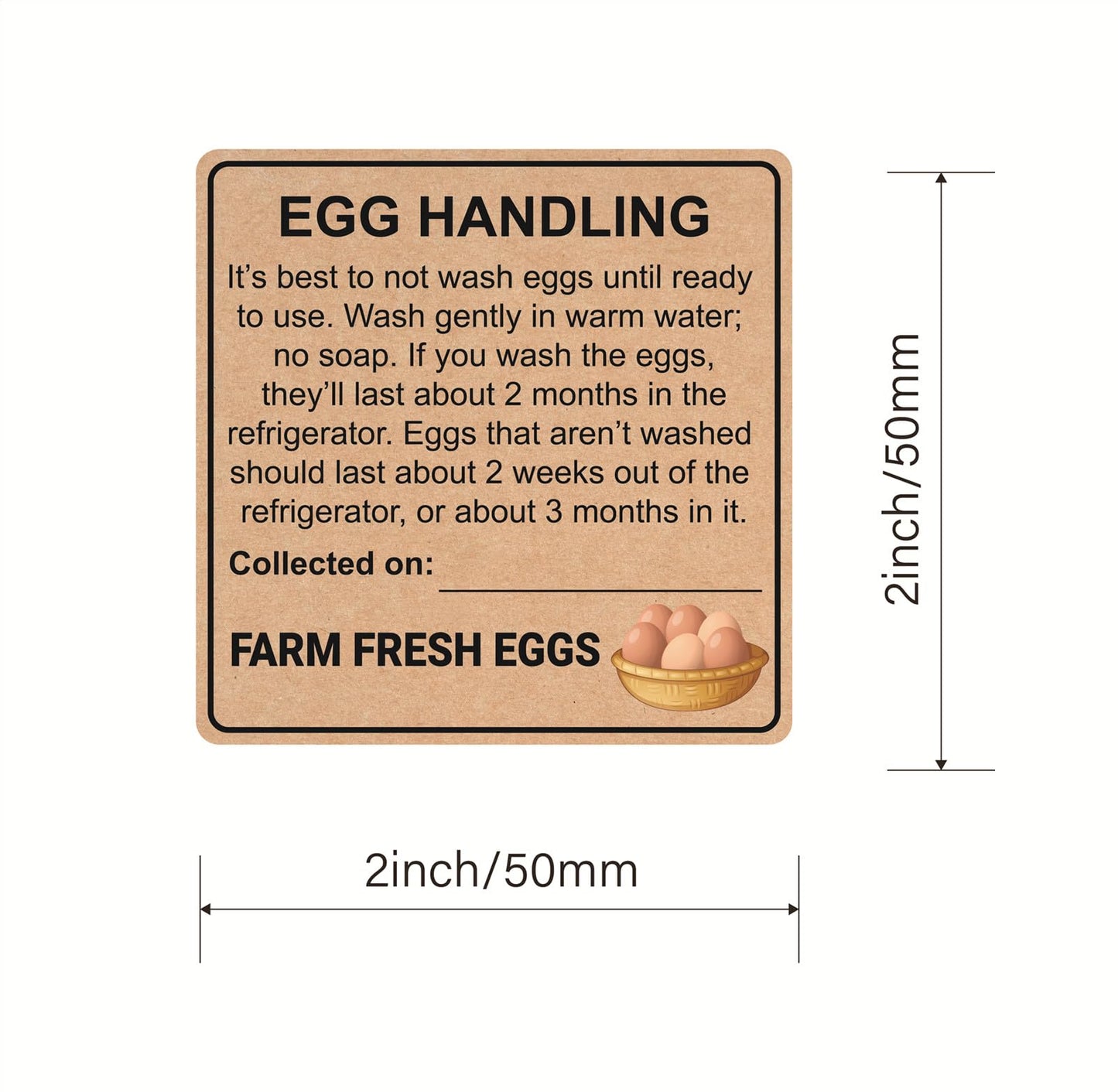 Farm Fresh Egg Handling Instruction Sticker, 2 inch, 300pcs, Kraft Paper, Brown, Removable, Easy to Write