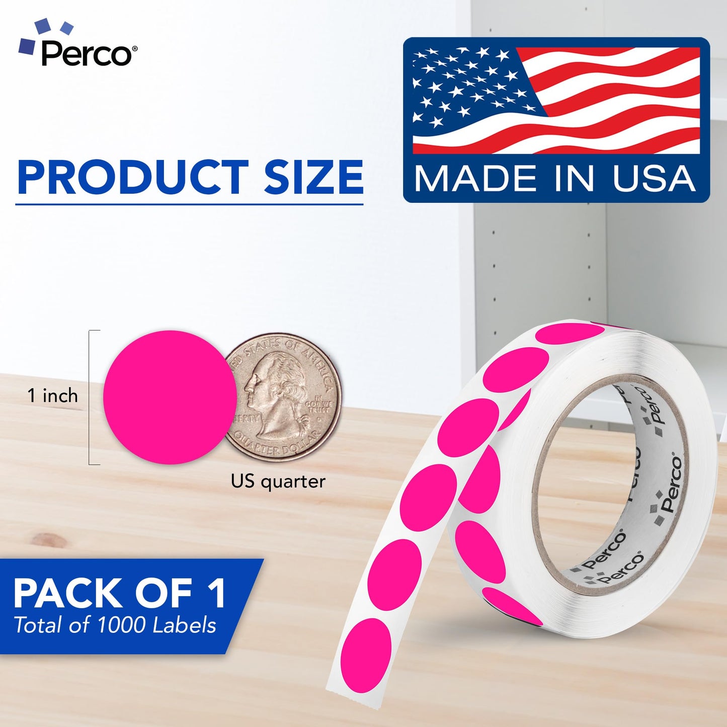 Perco Fluorescent Pink 1-Inch Round Circle Dot Sticker Labels with Permanent Adhesive - 1,000 Labels per Roll - Vibrant Colors, Strong Adhesion - Made in USA 1 Roll