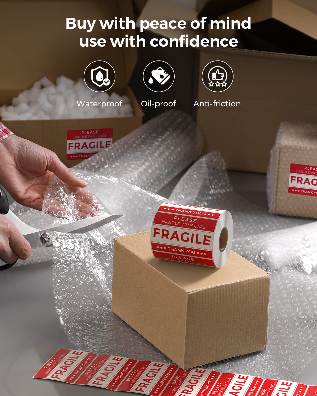 MUNBYN 3" x 2" Fragile Stickers for Shipping, Handle with Care Moving Box Labels, Self-Adhesive Red Fragile Packaging Stickers for Small Business, Moving Supplies (500 Labels/1 Roll)