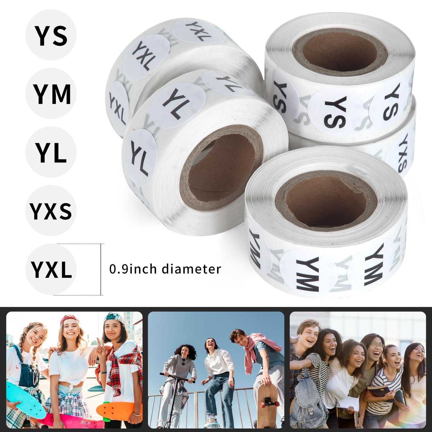 500 Pieces Youth Clothing Size Stickers Round Adhesive Labels Circular Diameter 0.9inch Clothing Size Stickers Labels Tshirt Size Stickers White Stickers with Black Text for Retail Apparel (YXS Size) YXS