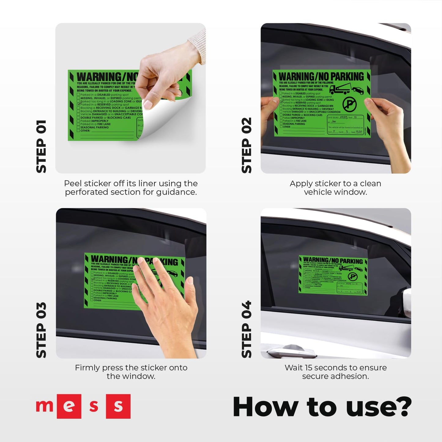 100 MESS Parking Violation Stickers - Hard to Remove - Green Multi-Reason - No Parking, Towing Warning Stickers 8x5 in 100