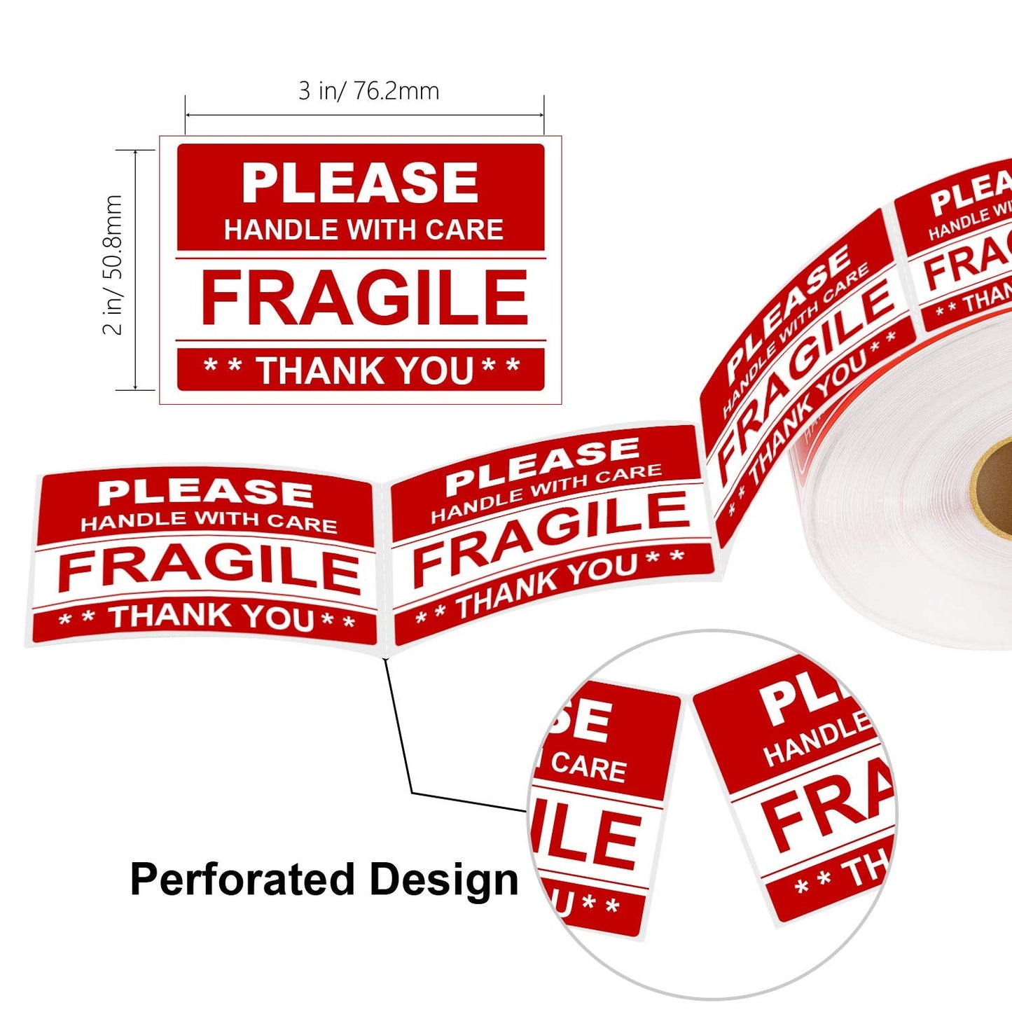 Batrical 2"x3" 1000 Labels Fragile Stickers for Shipping Moving,500 PCS/Roll,2Rolls 2"x3" 2 Rolls